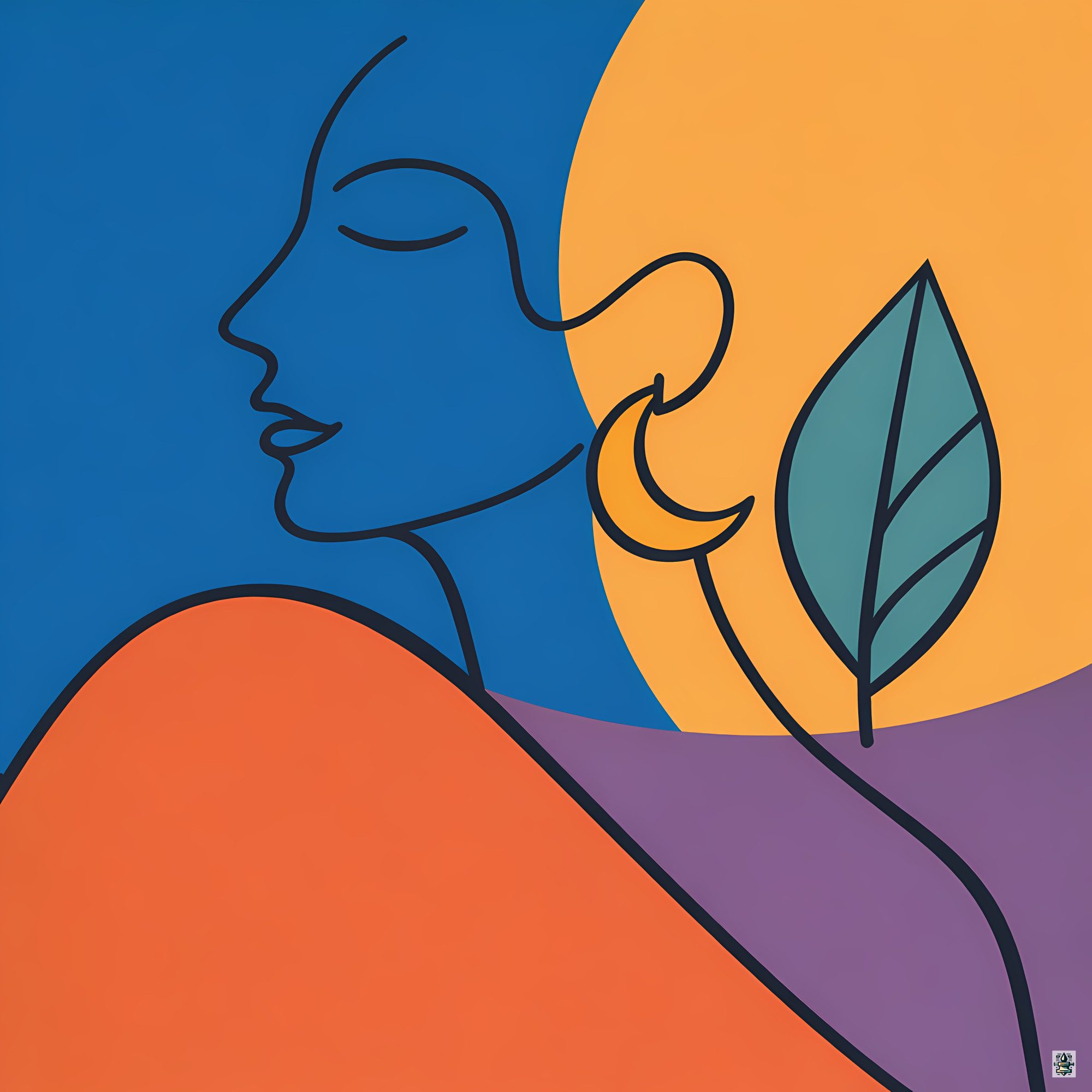 Minimal Line Face with Sun and Leaf