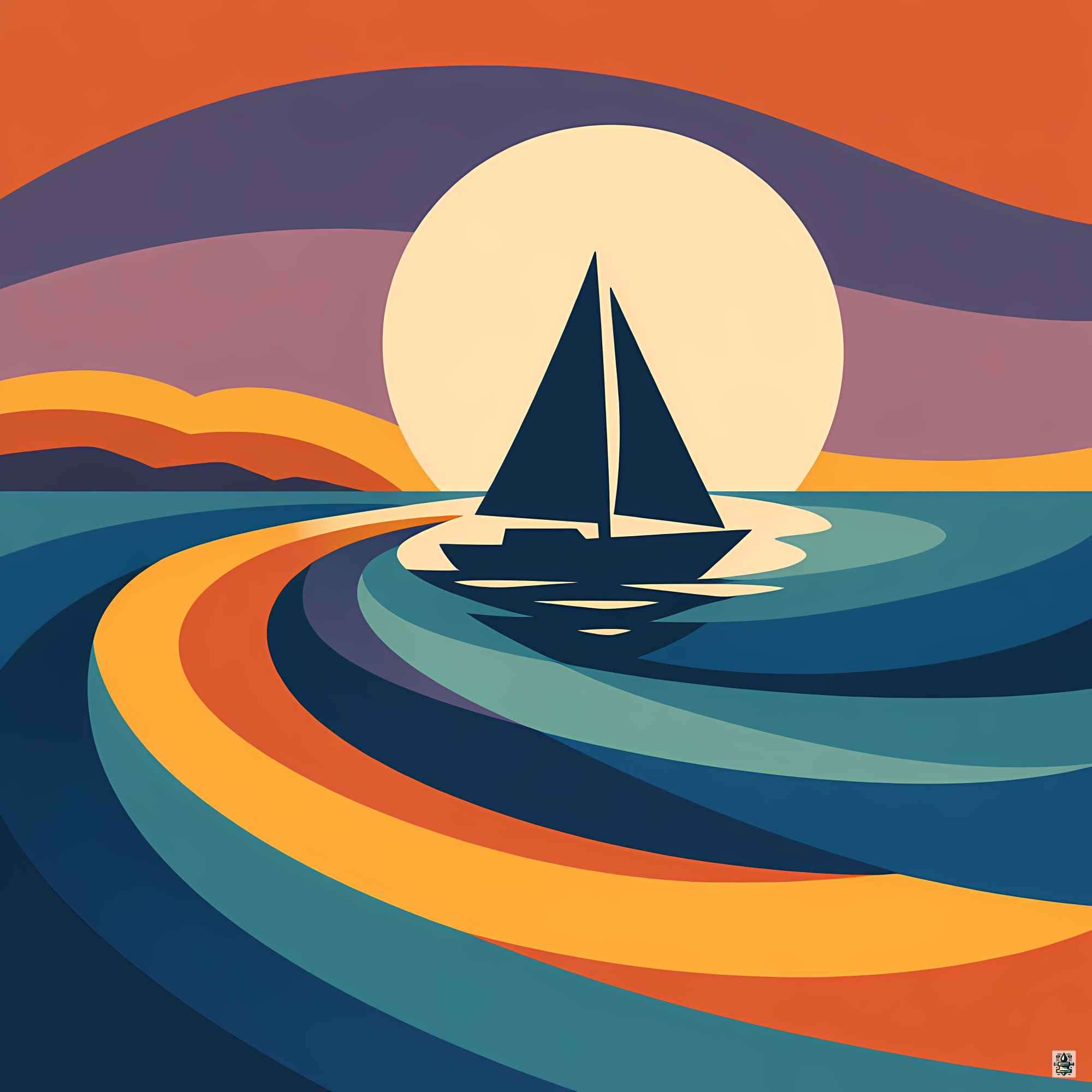 Sailboat Sunset with Geometric Gradient Waves