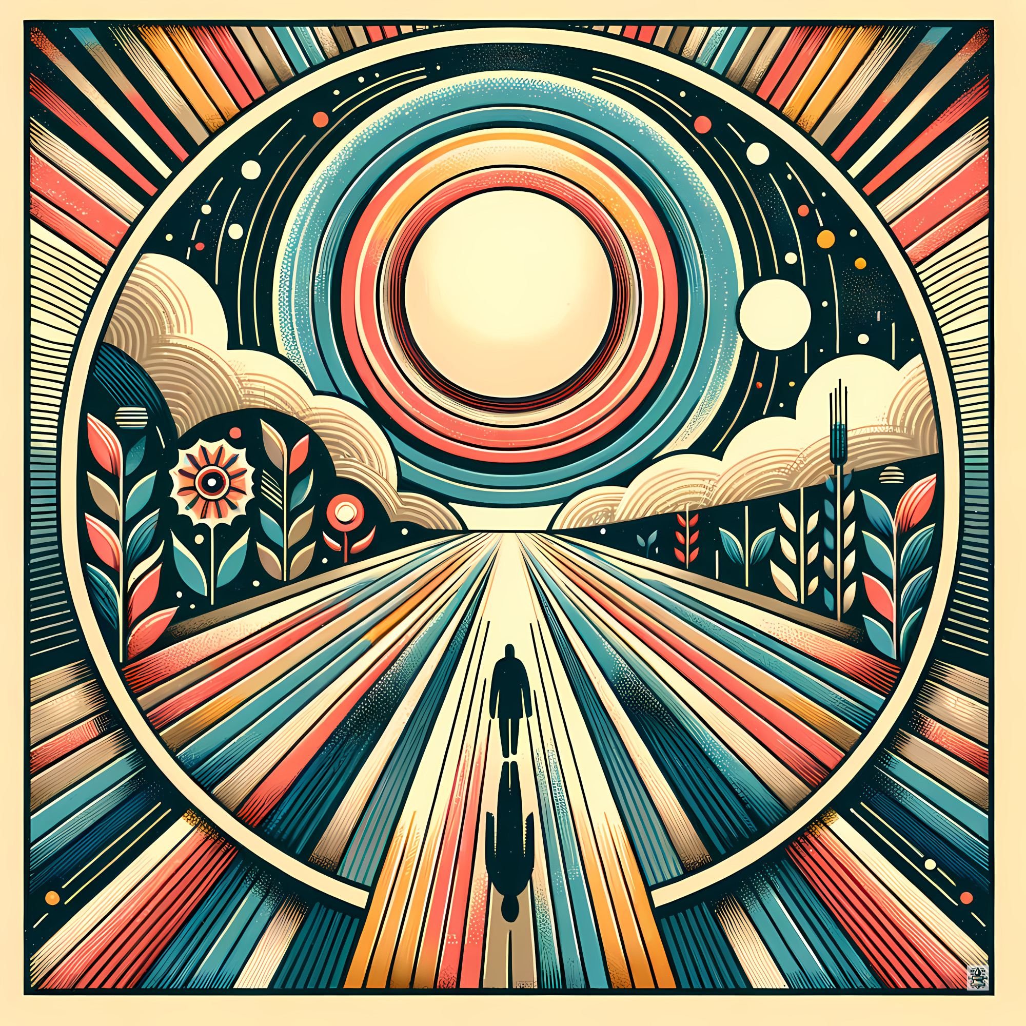 Retro Geometric Sunburst Landscape Art