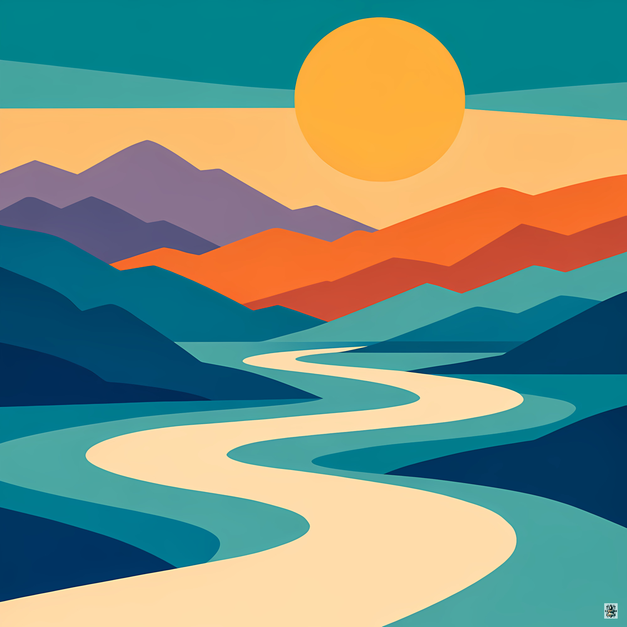 Layered Mountain River Sunset