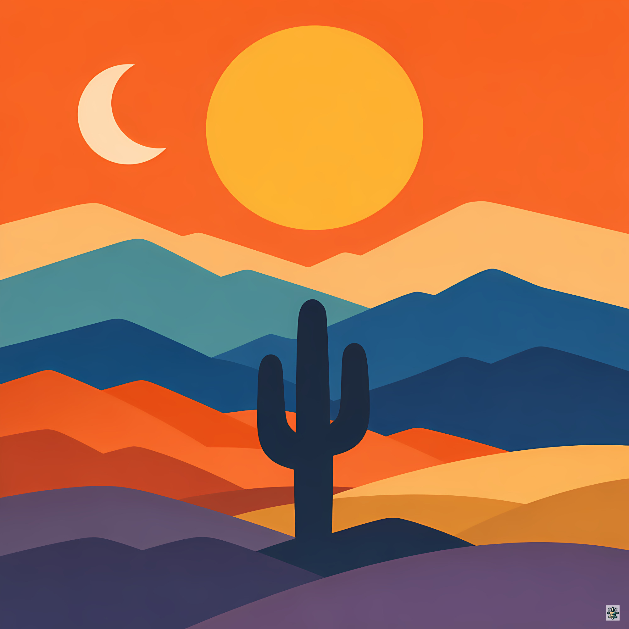 Saguaro Desert Sunset with Layered Mountains