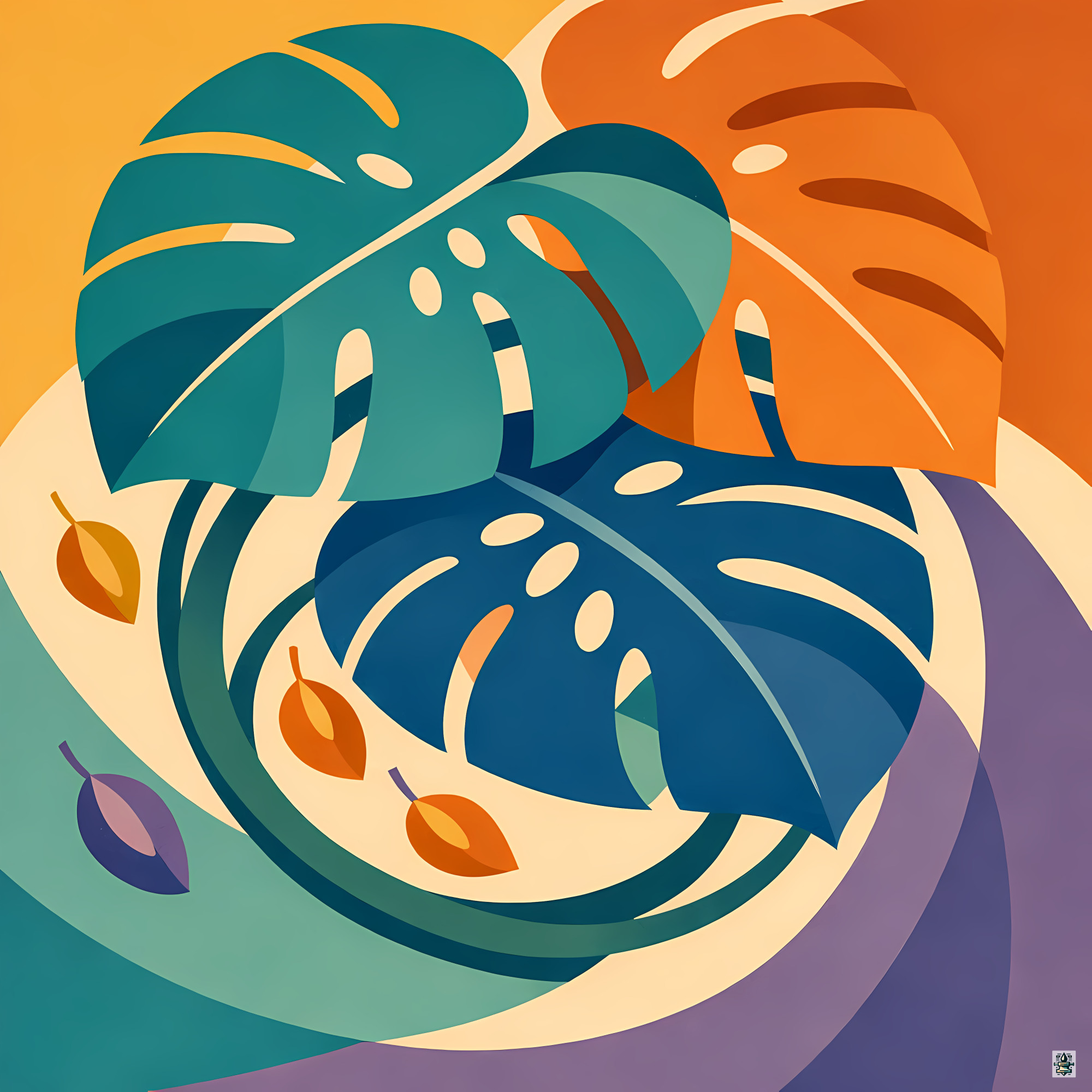 Bold Monstera Leaves in Teal and Orange