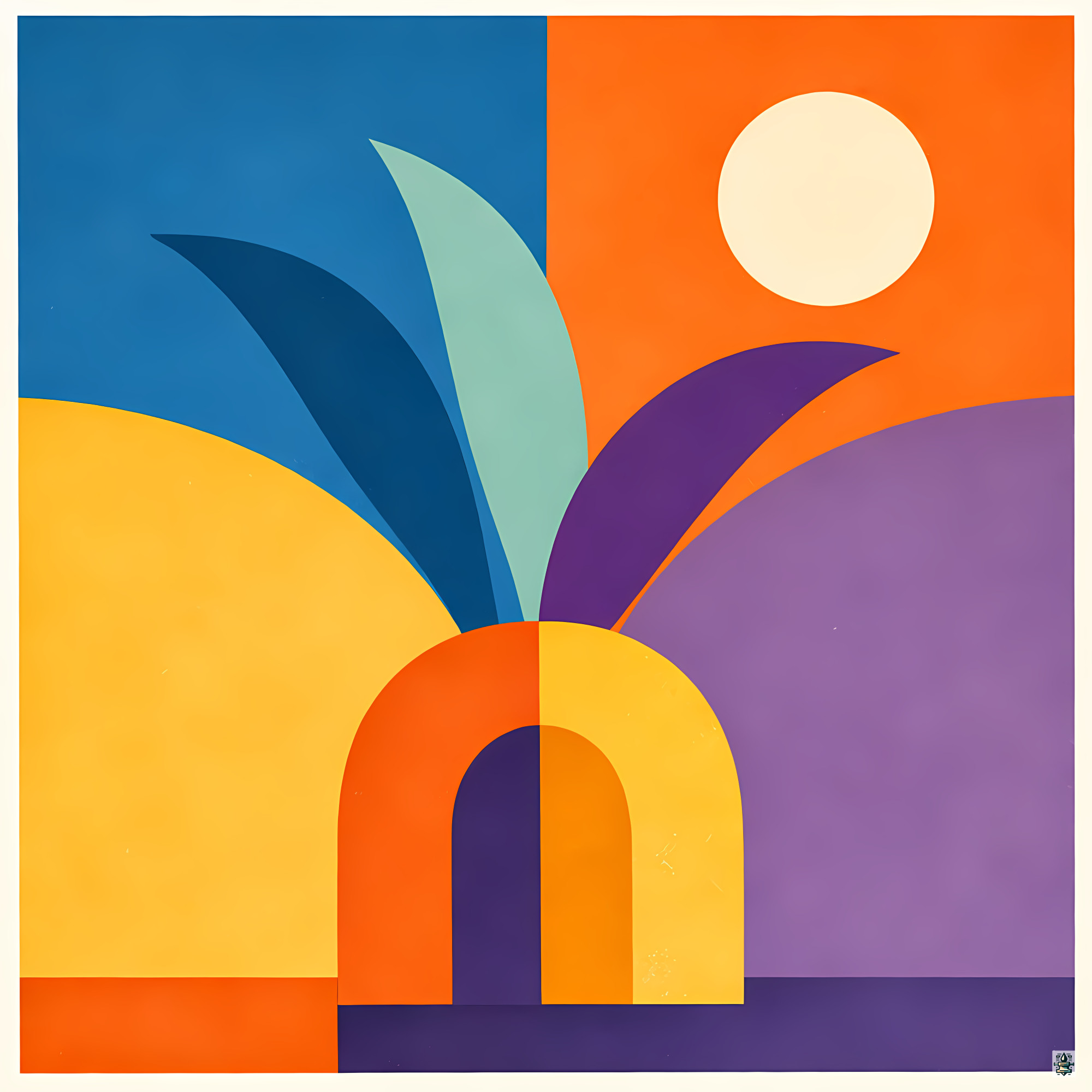 Organic Arch Landscape with Sun and Curved Leaves