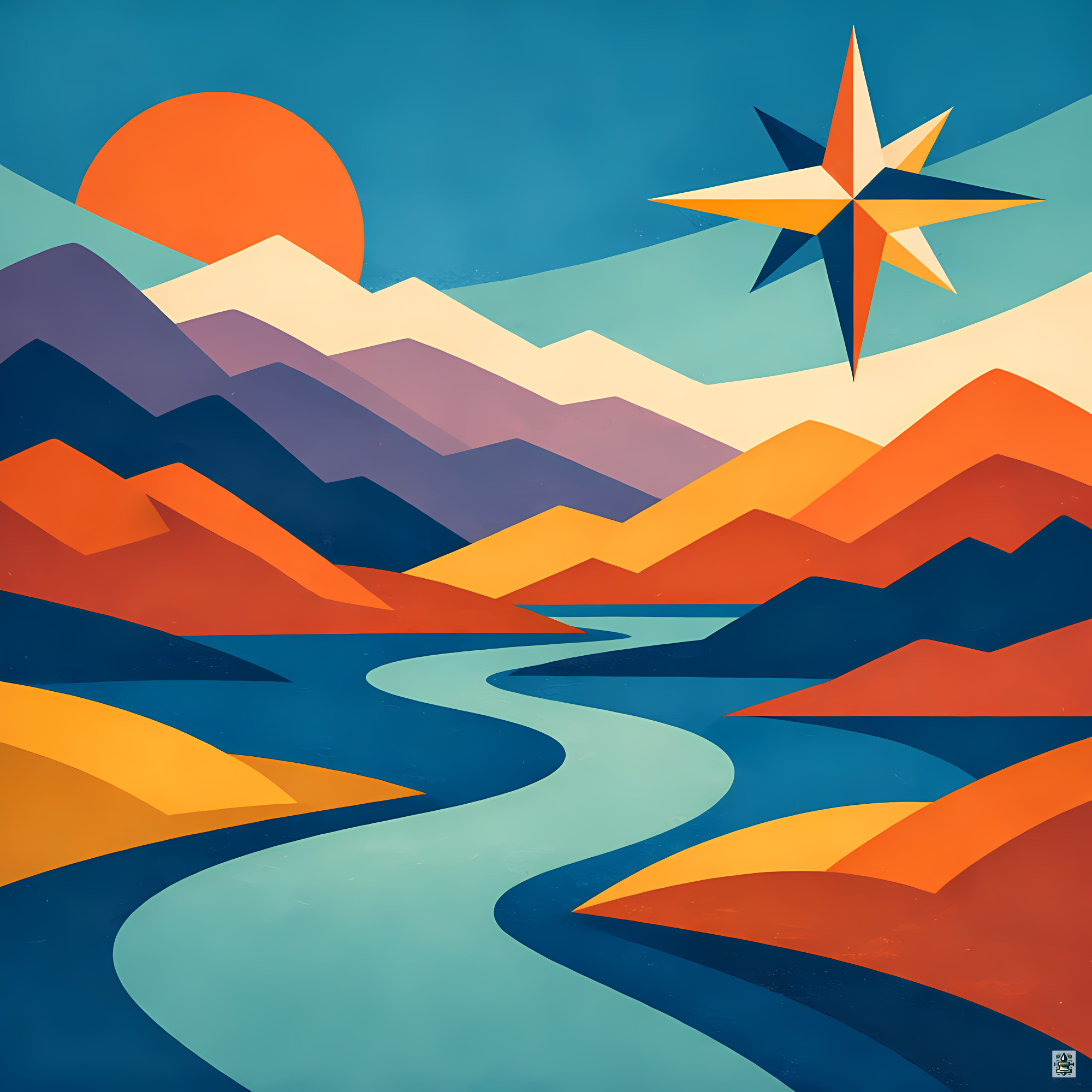 Geometric Mountain River with Compass Star