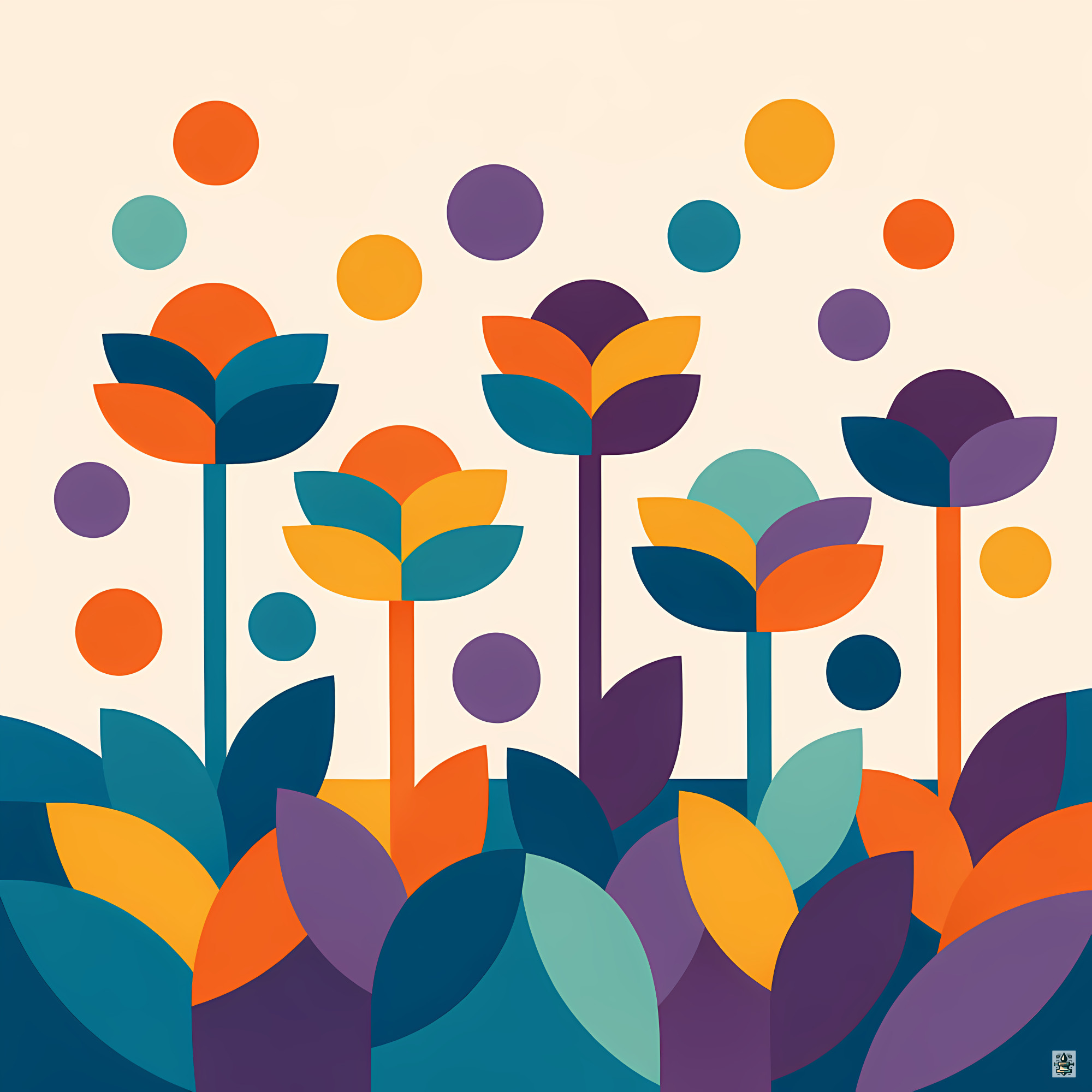 Geometric Botanical Flowers in Teal and Orange