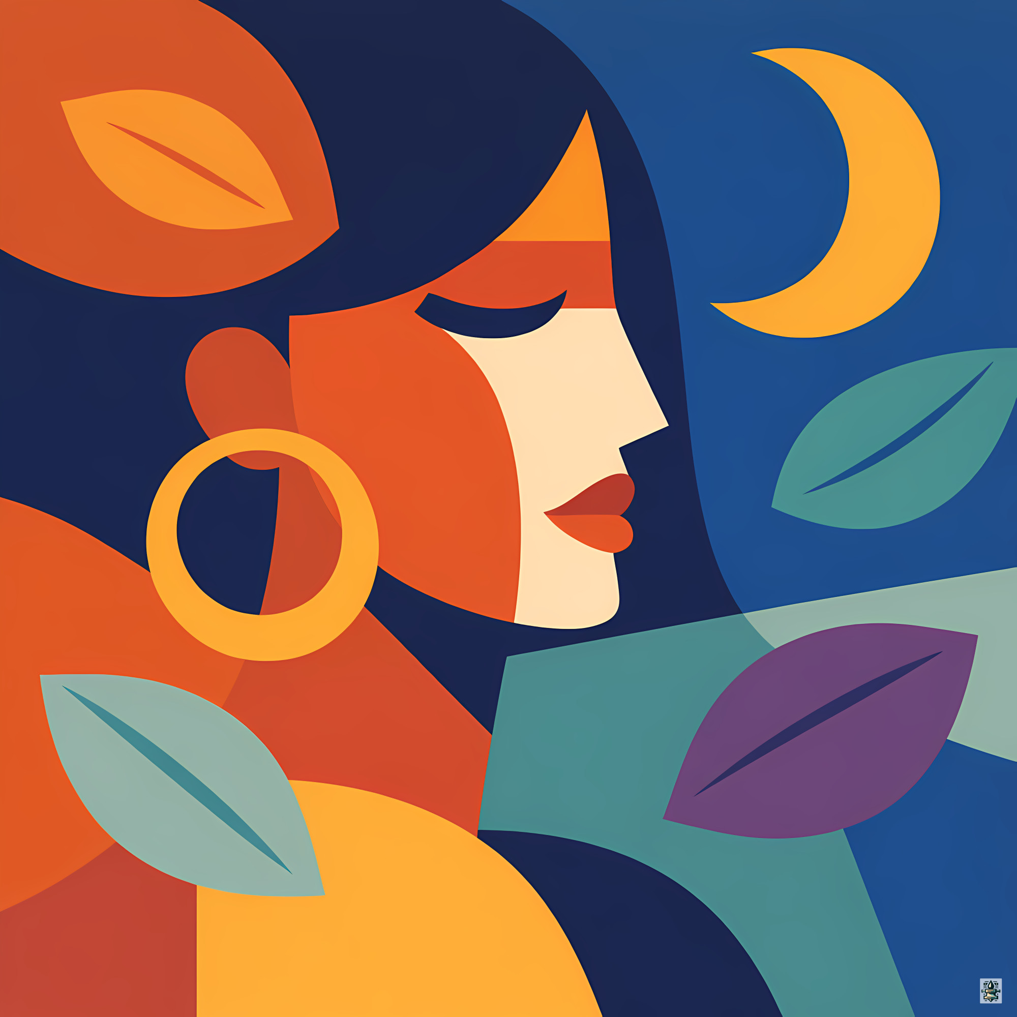 Abstract Moonlit Face with Leaves and Hoop Earring