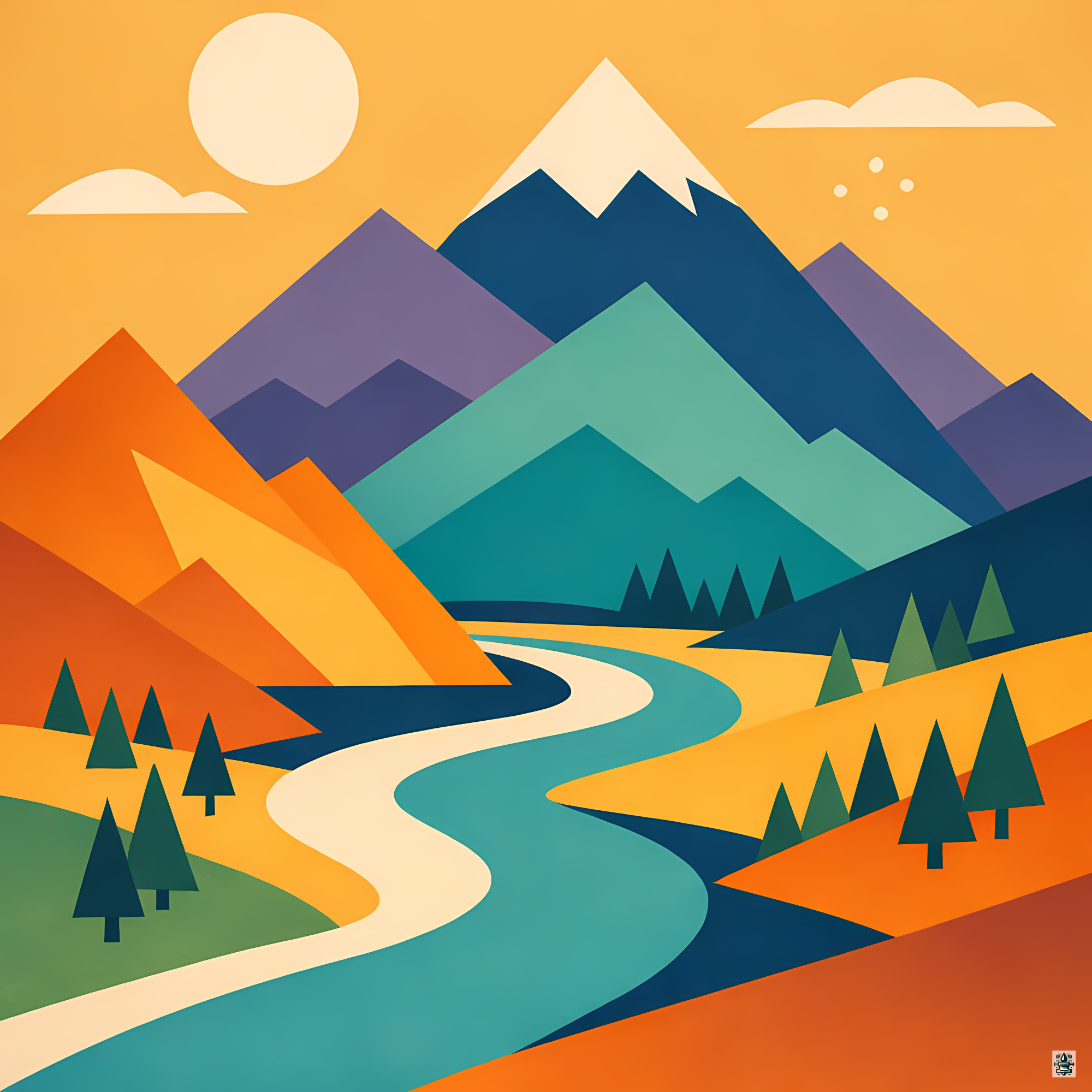 Geometric Mountain Valley with Winding River