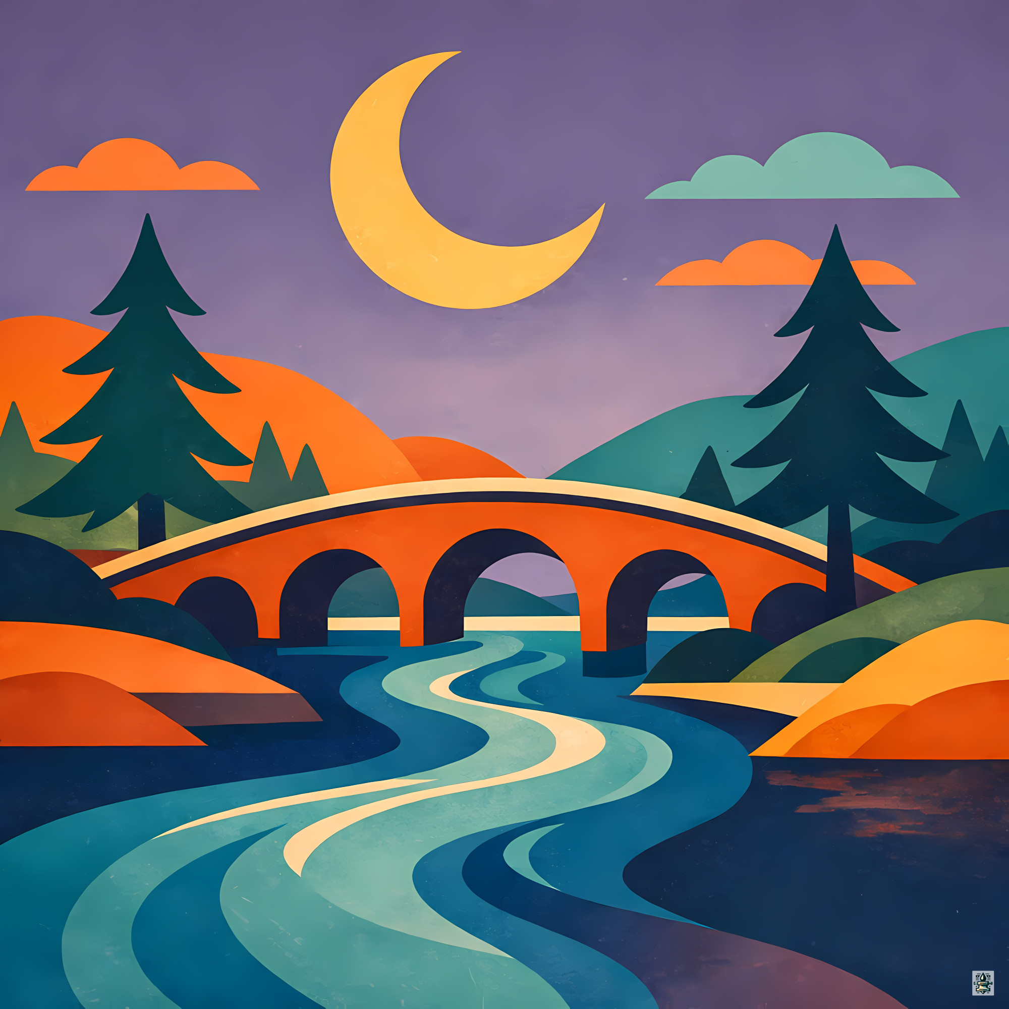 Crescent Moon River Bridge Landscape