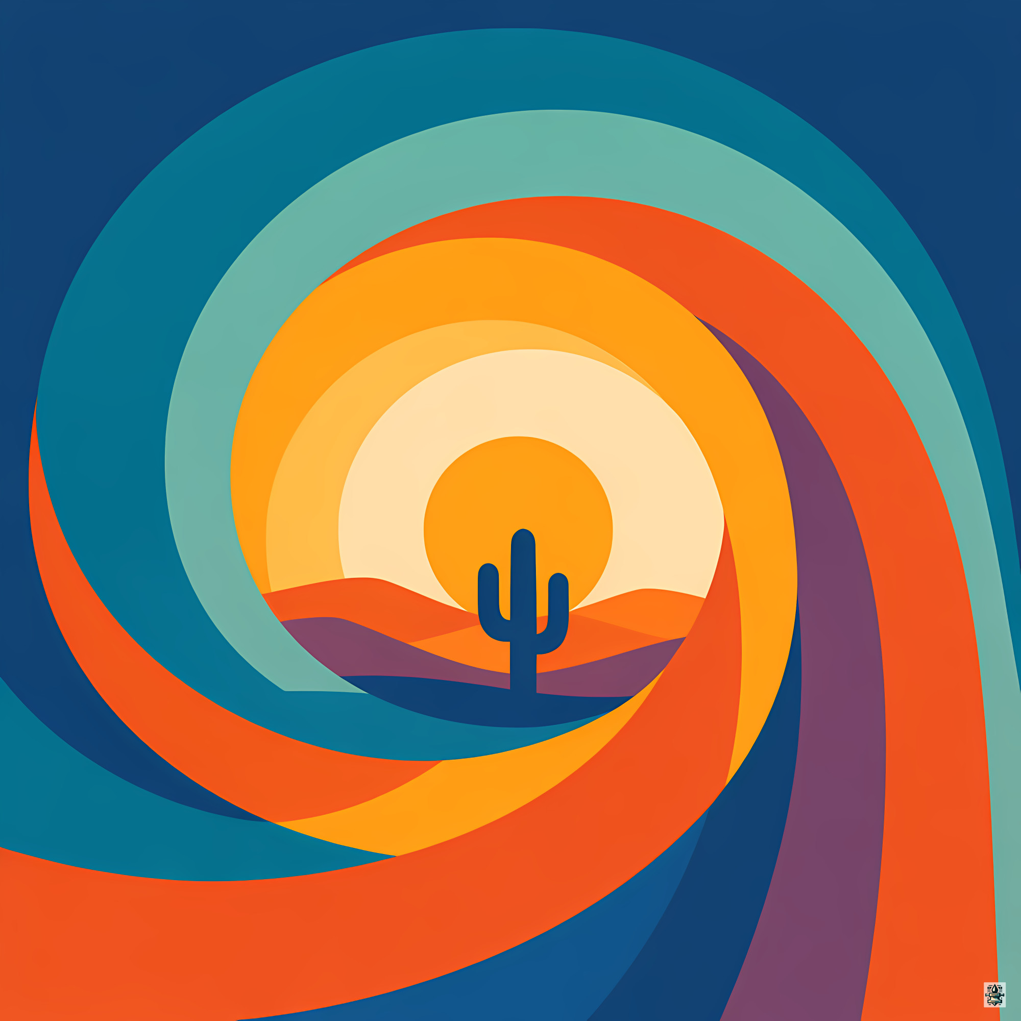 Swirling Desert Sunset with Cactus Arches