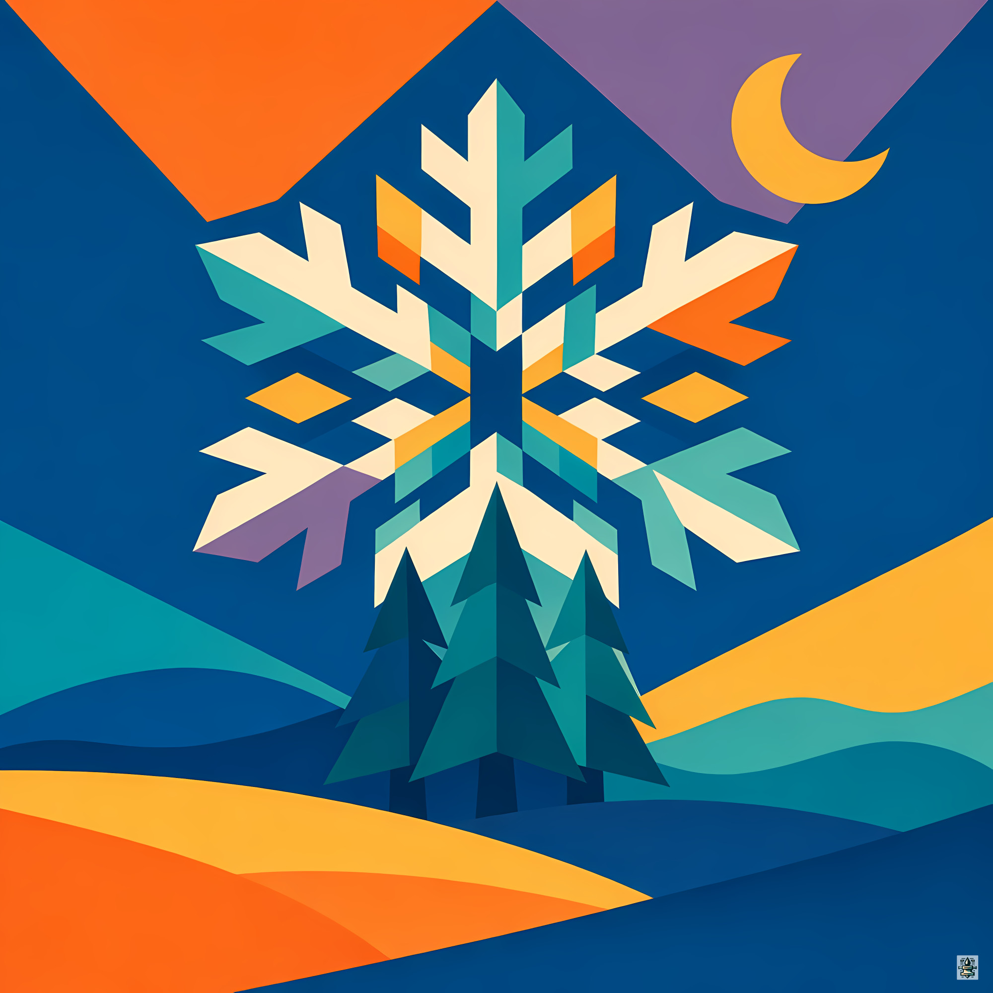 Geometric Snowflake Over Moonlit Pines
