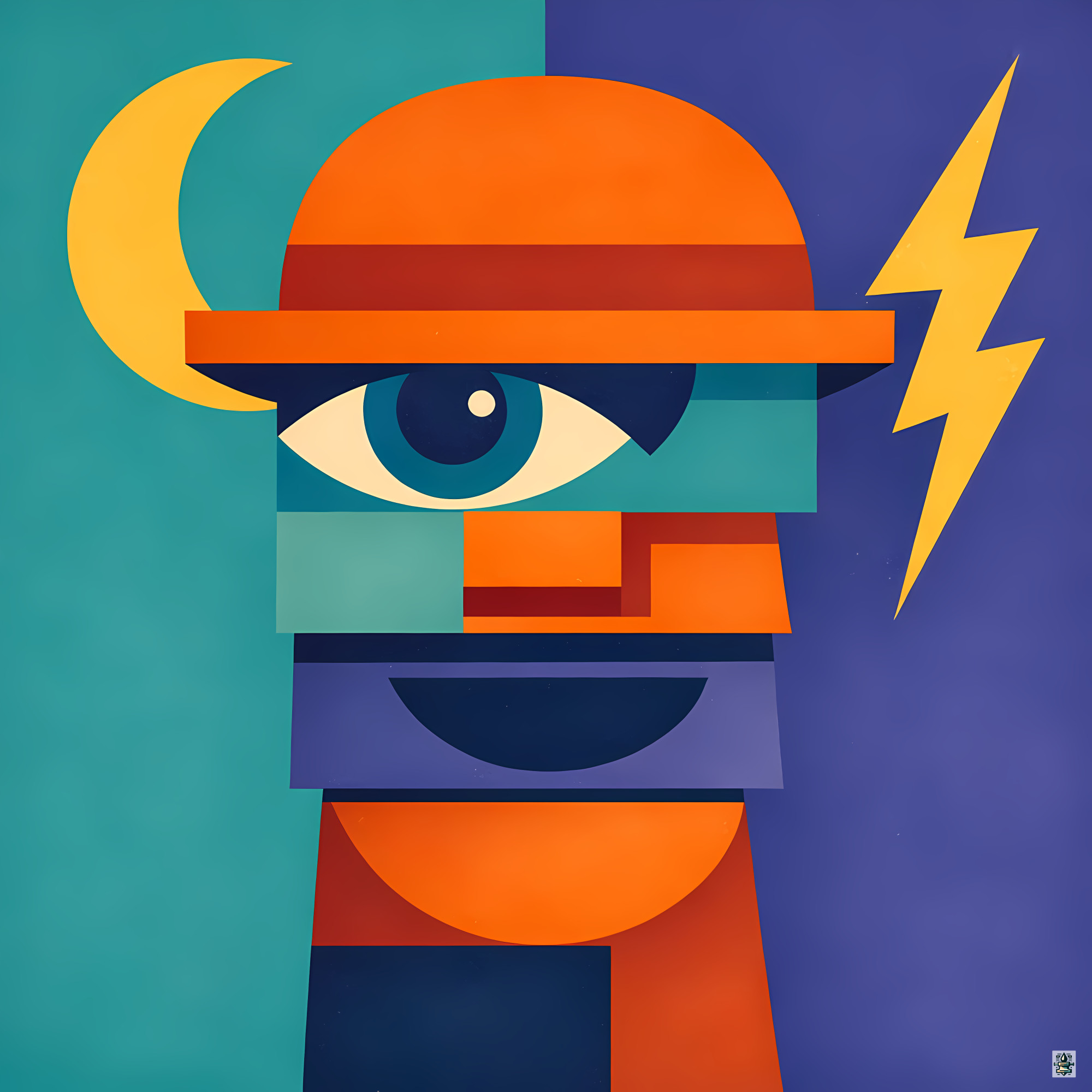 Geometric Face with Moon and Lightning