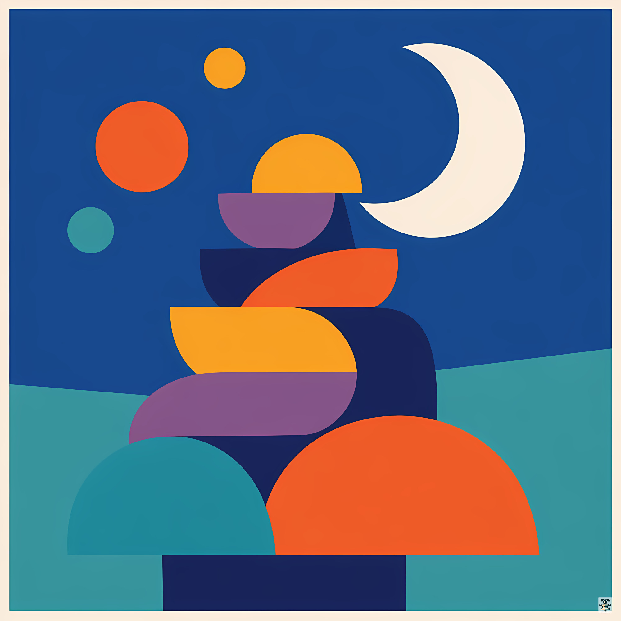 Stacked Geometric Shapes with Crescent Moon