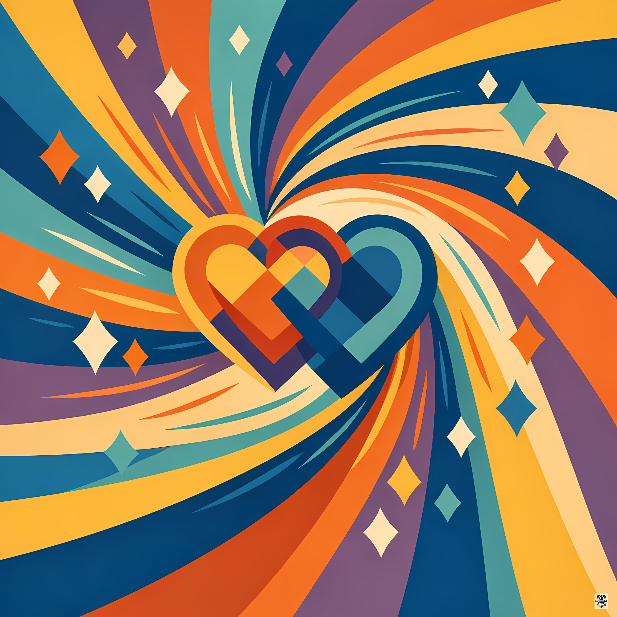 Interlocking Geometric Hearts with Cosmic Swirl