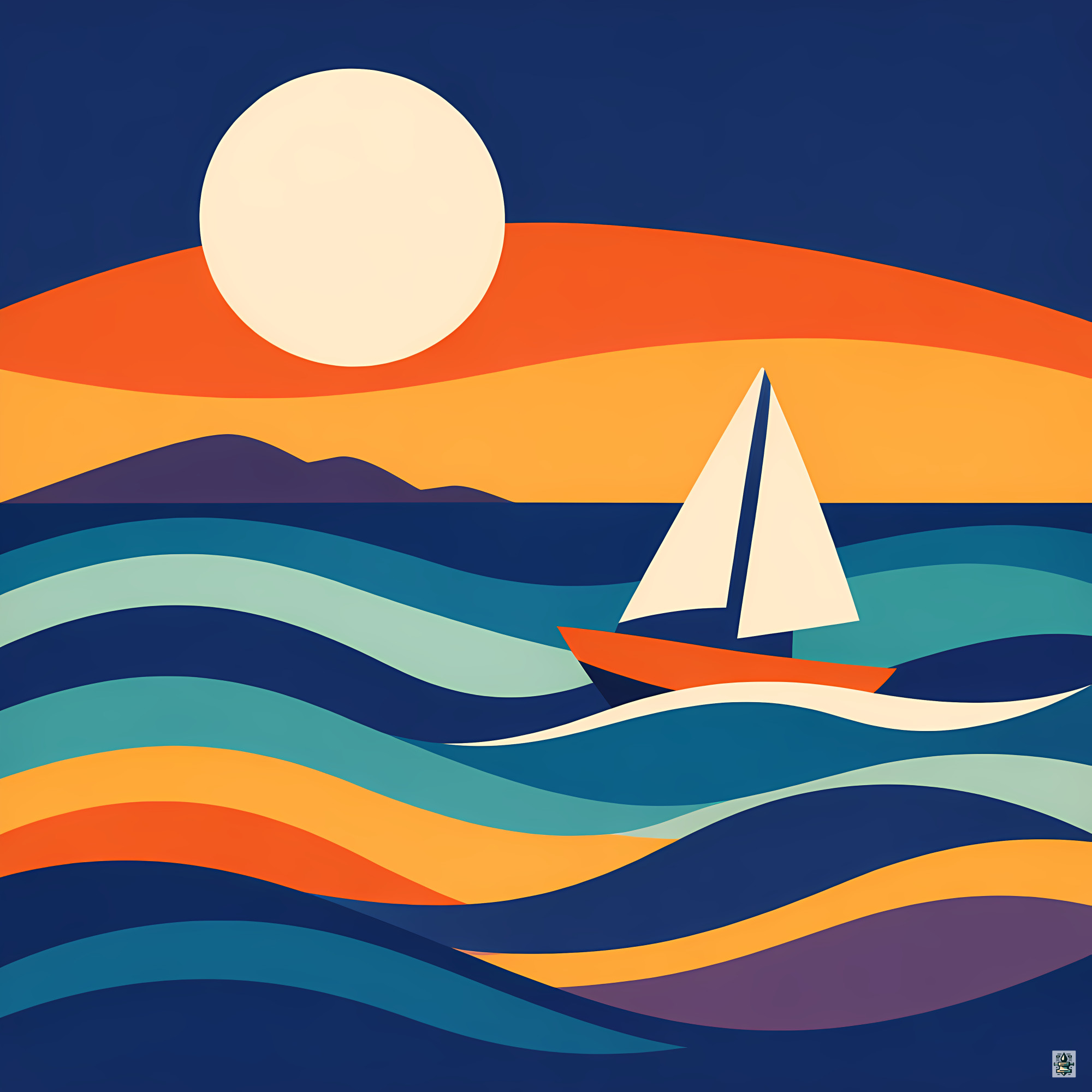 Sailing Boat Sunset with Gradient Waves