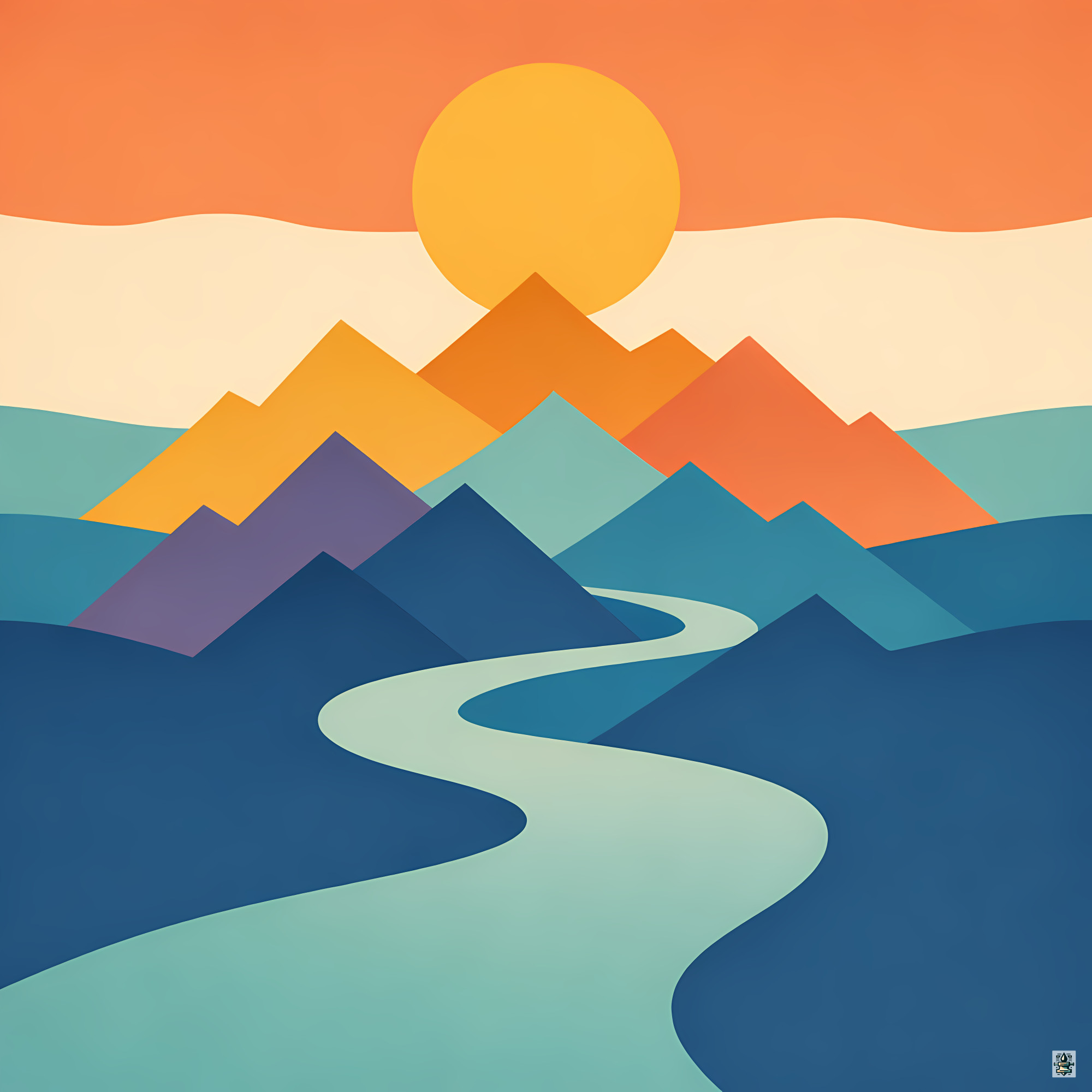 Geometric Mountain Sunset with Winding River