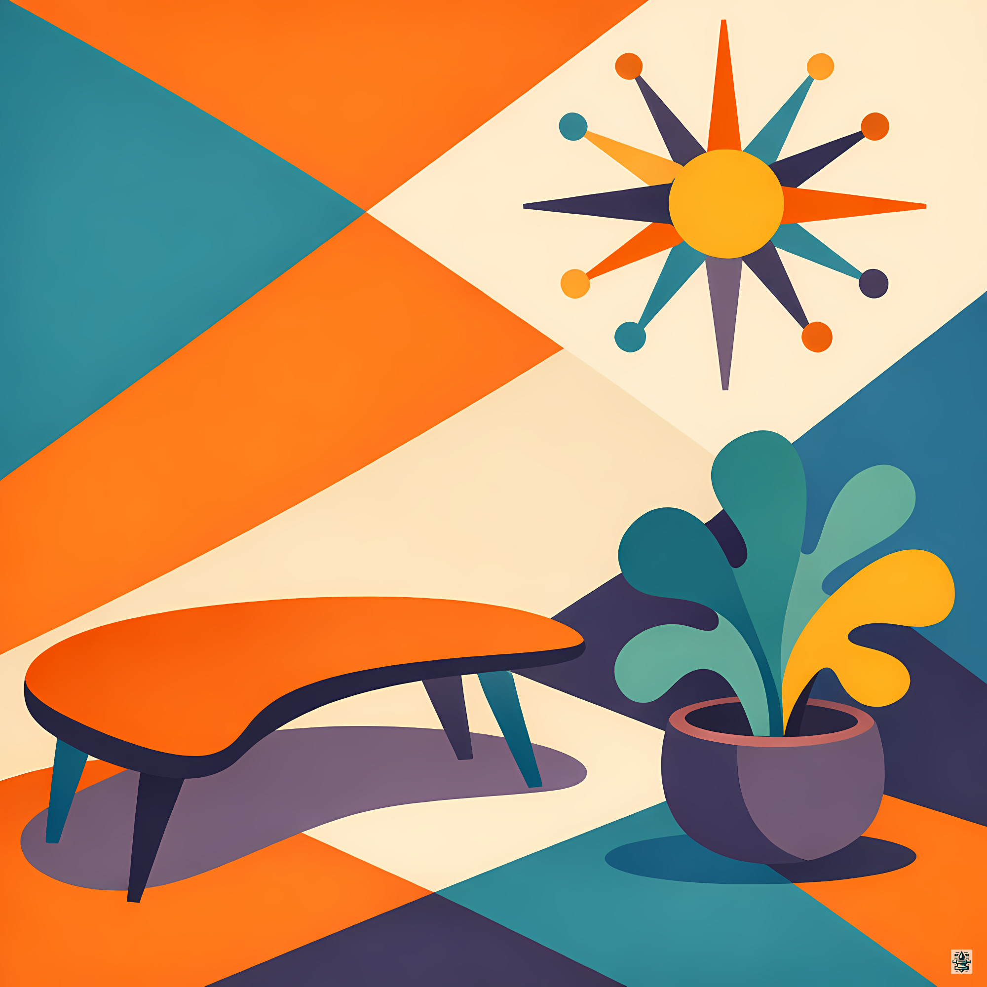 Atomic Age Table and Plant with Sputnik Star
