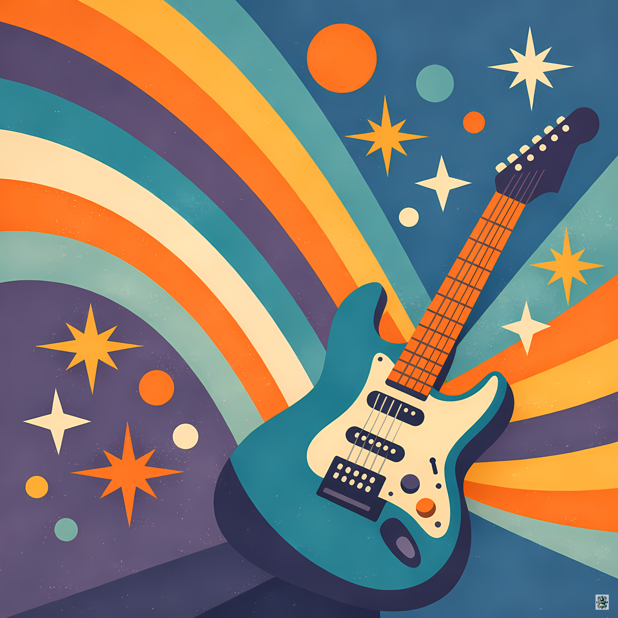 Retro Electric Guitar with Rainbow Festival Shapes