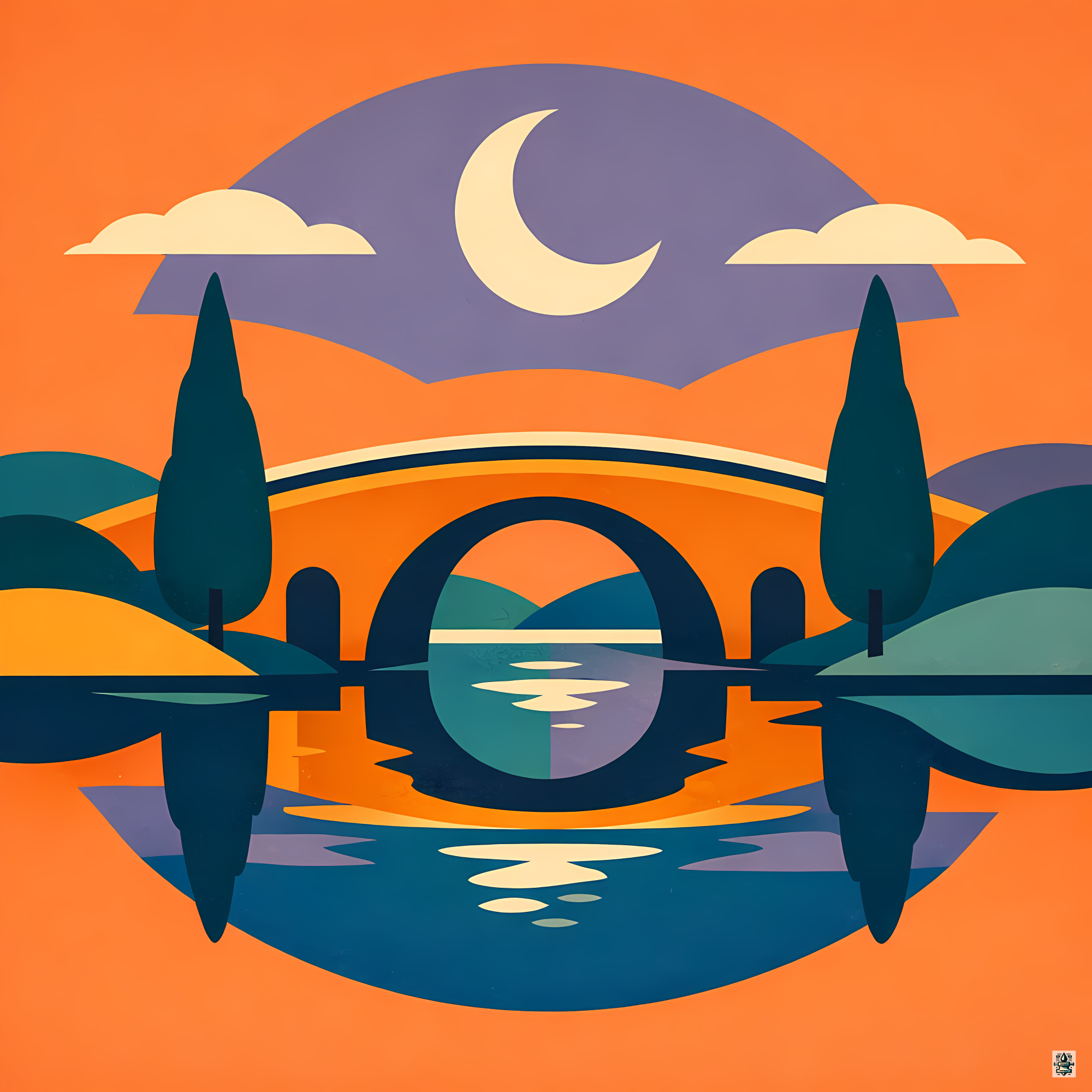 Moonlit Bridge Colour Block Landscape