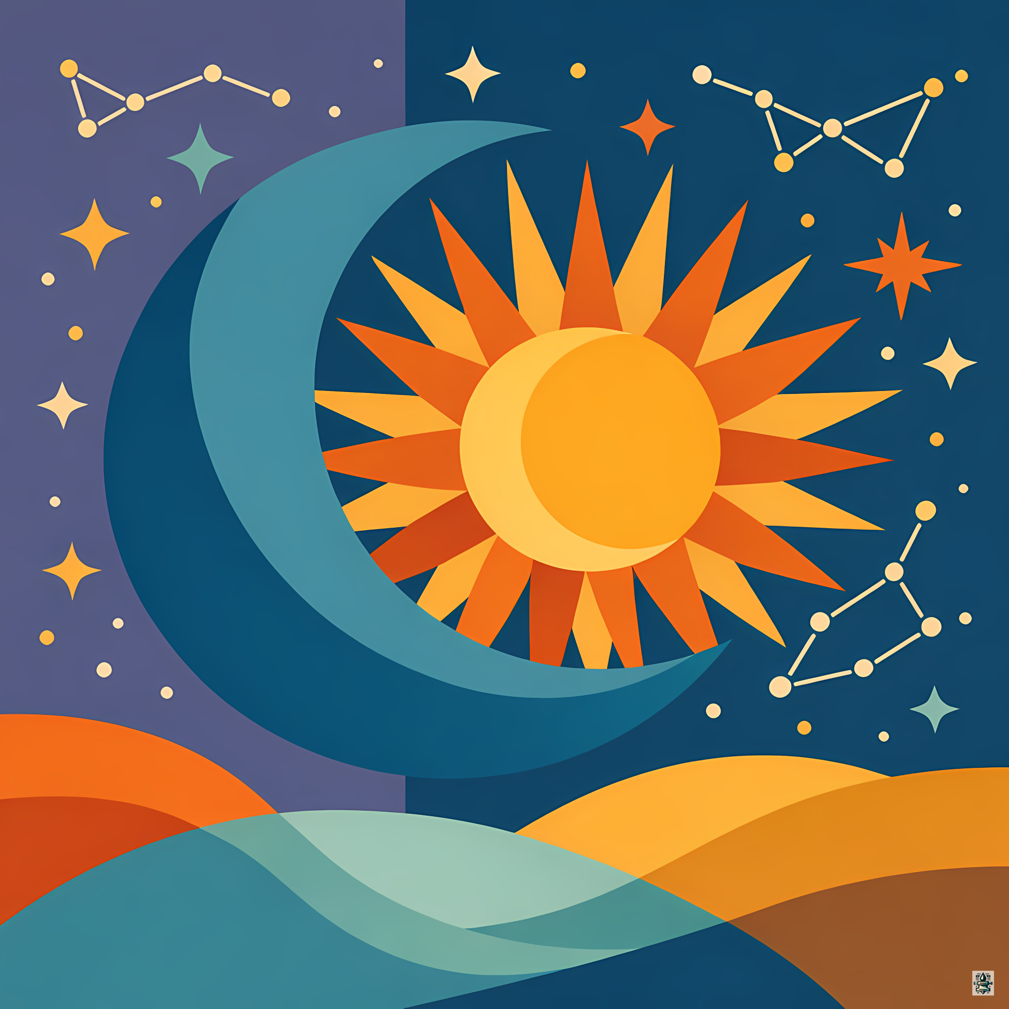 Sun and Crescent Moon with Stars
