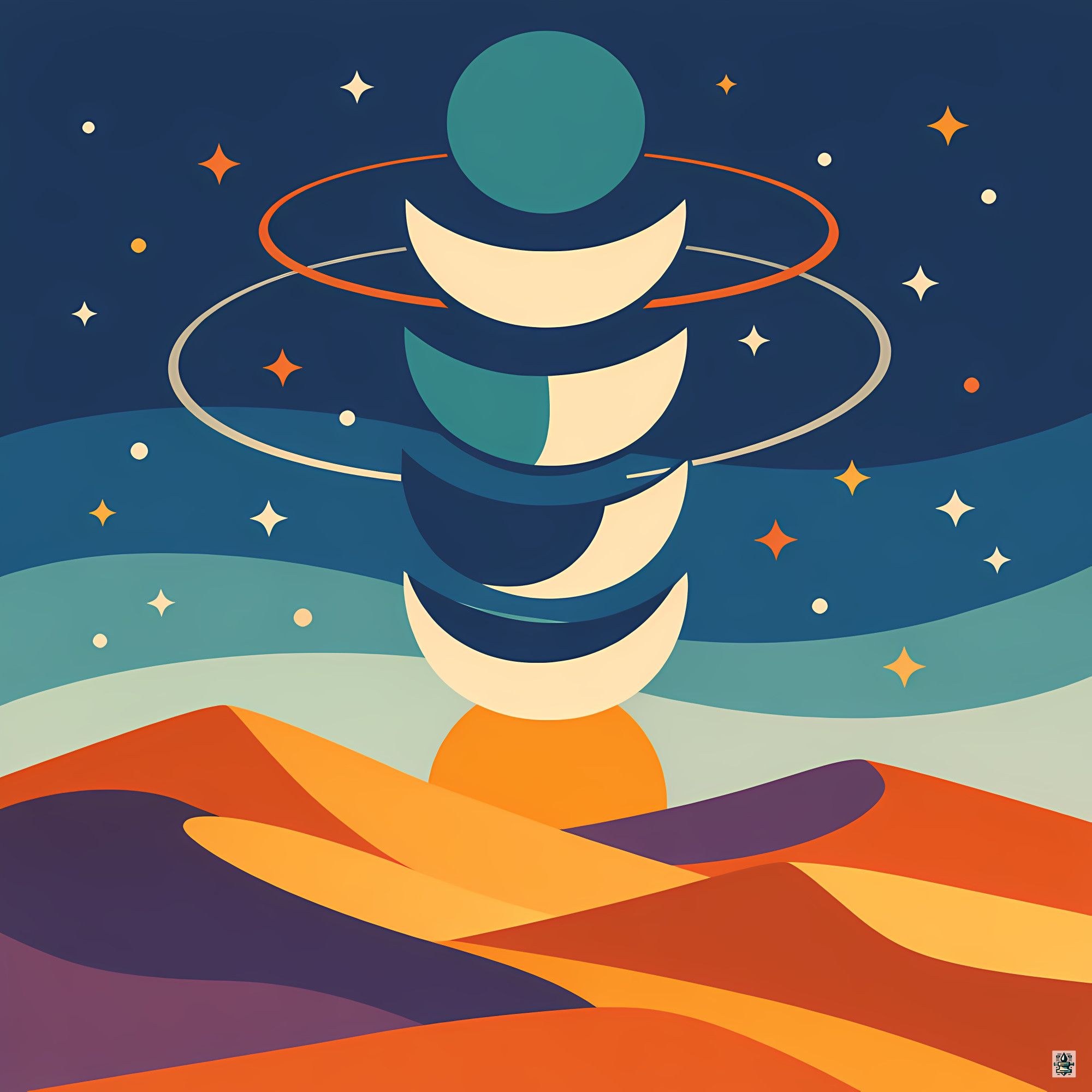 Geometric Moon Phases Over Desert Dunes
