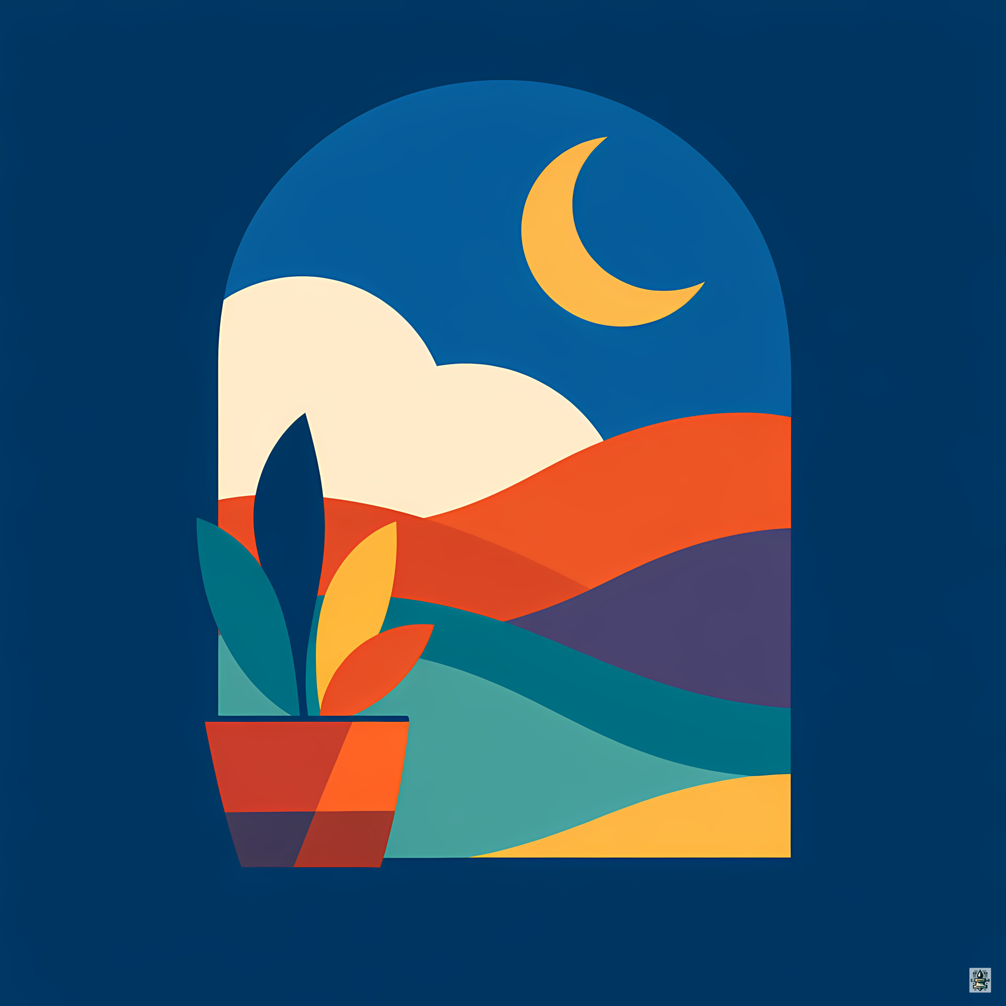 Arched Moonlit Landscape with Potted Plant
