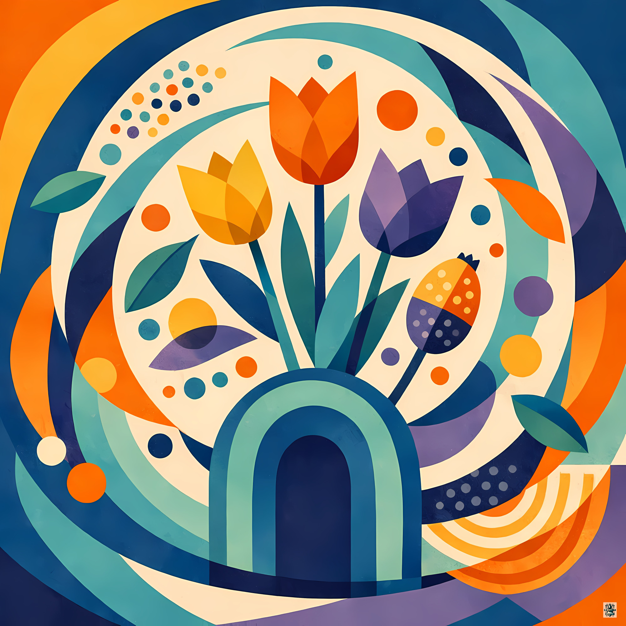Geometric Tulip Bouquet with Circular Botanical Forms
