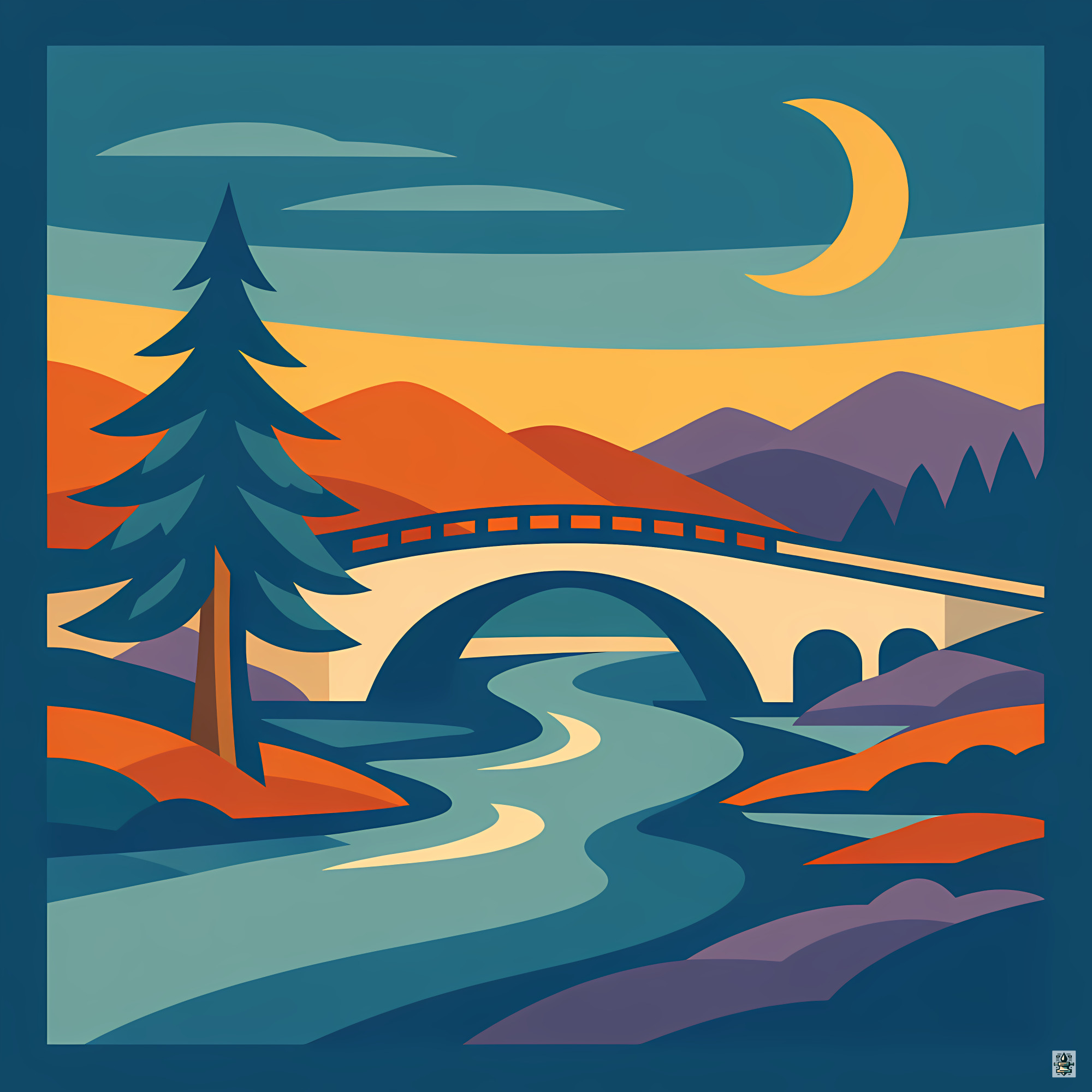 Crescent Moon Bridge and Pine Landscape
