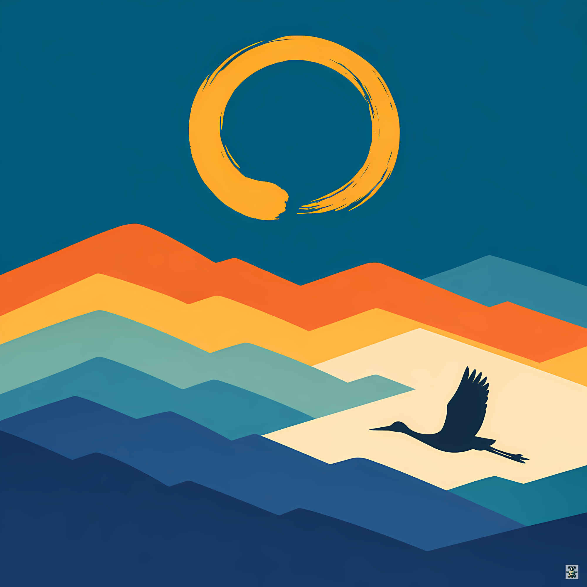 Enso Sun Over Layered Mountains and Flying Crane