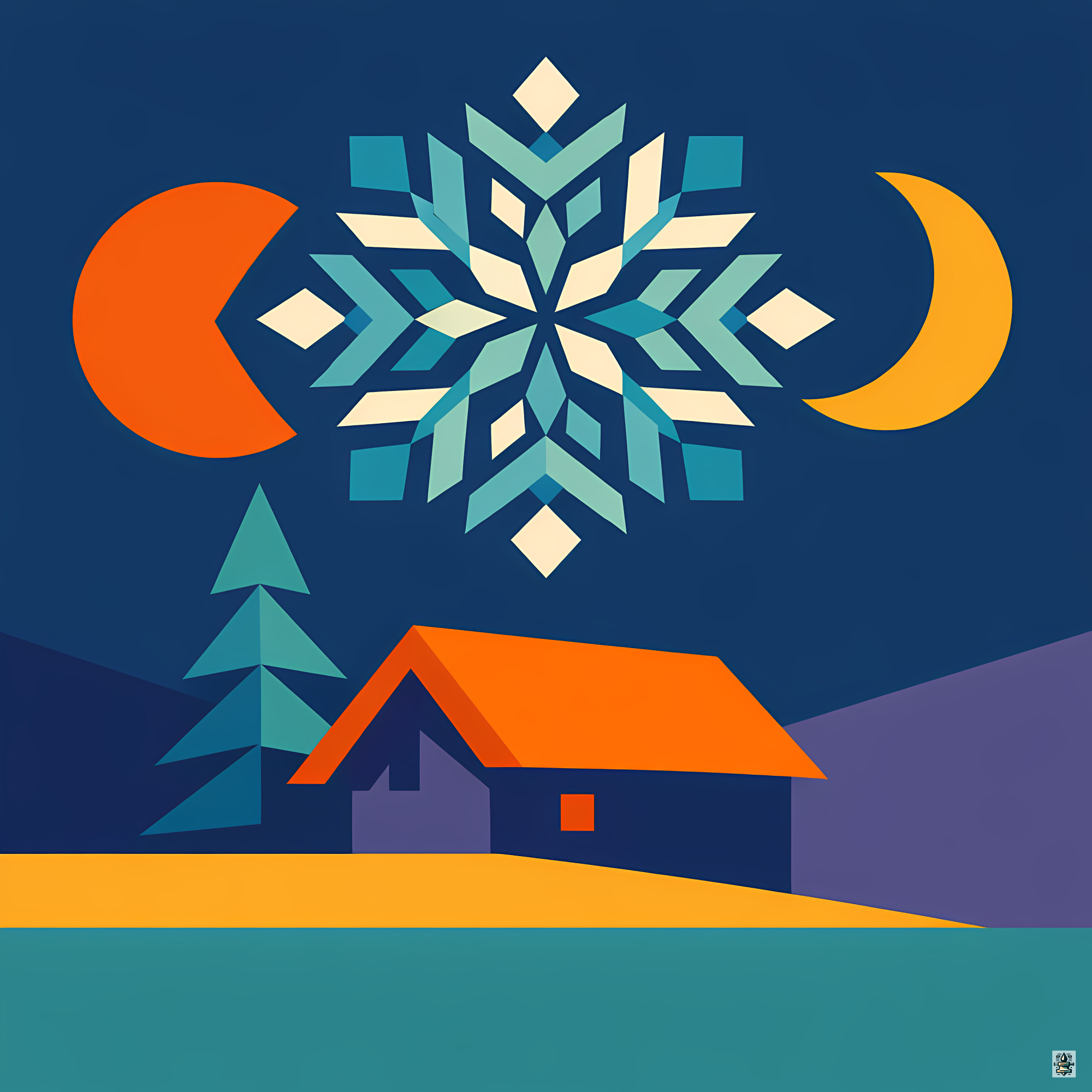 Geometric Snowflake Over Winter Cabin