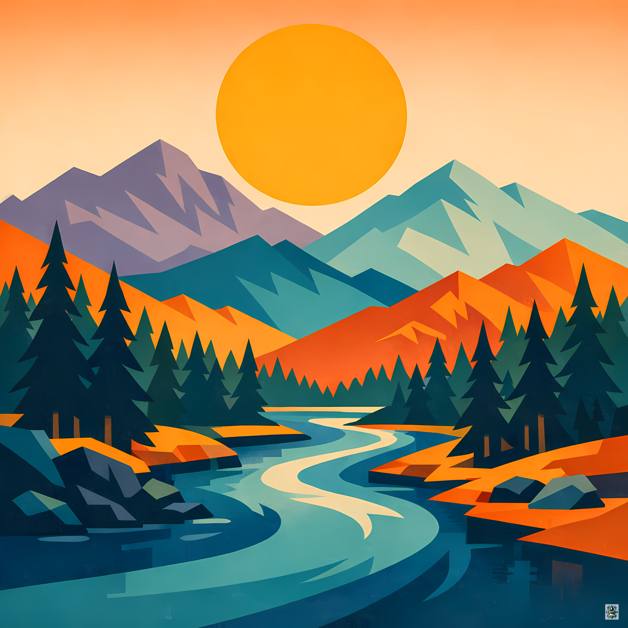 Geometric Mountain River Sunset Landscape