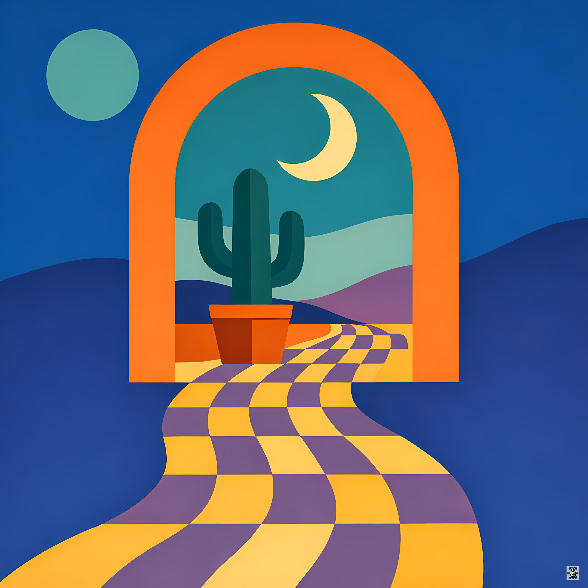 Moonlit Desert Arch with Wavy Checker Path