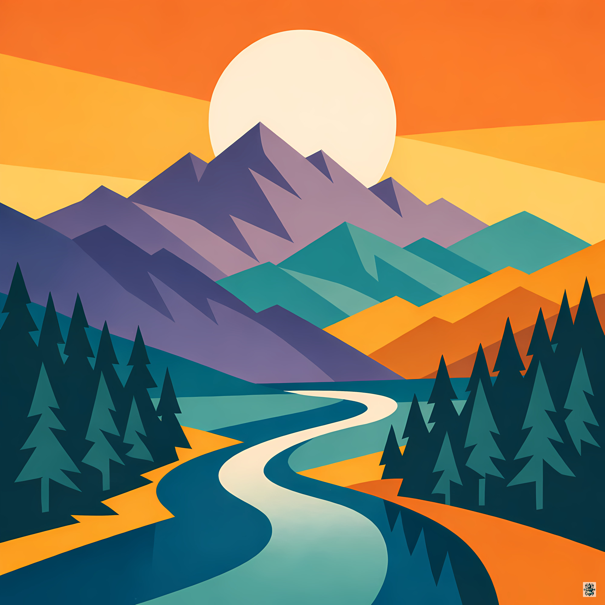 Geometric Mountain Sunset with River and Pines