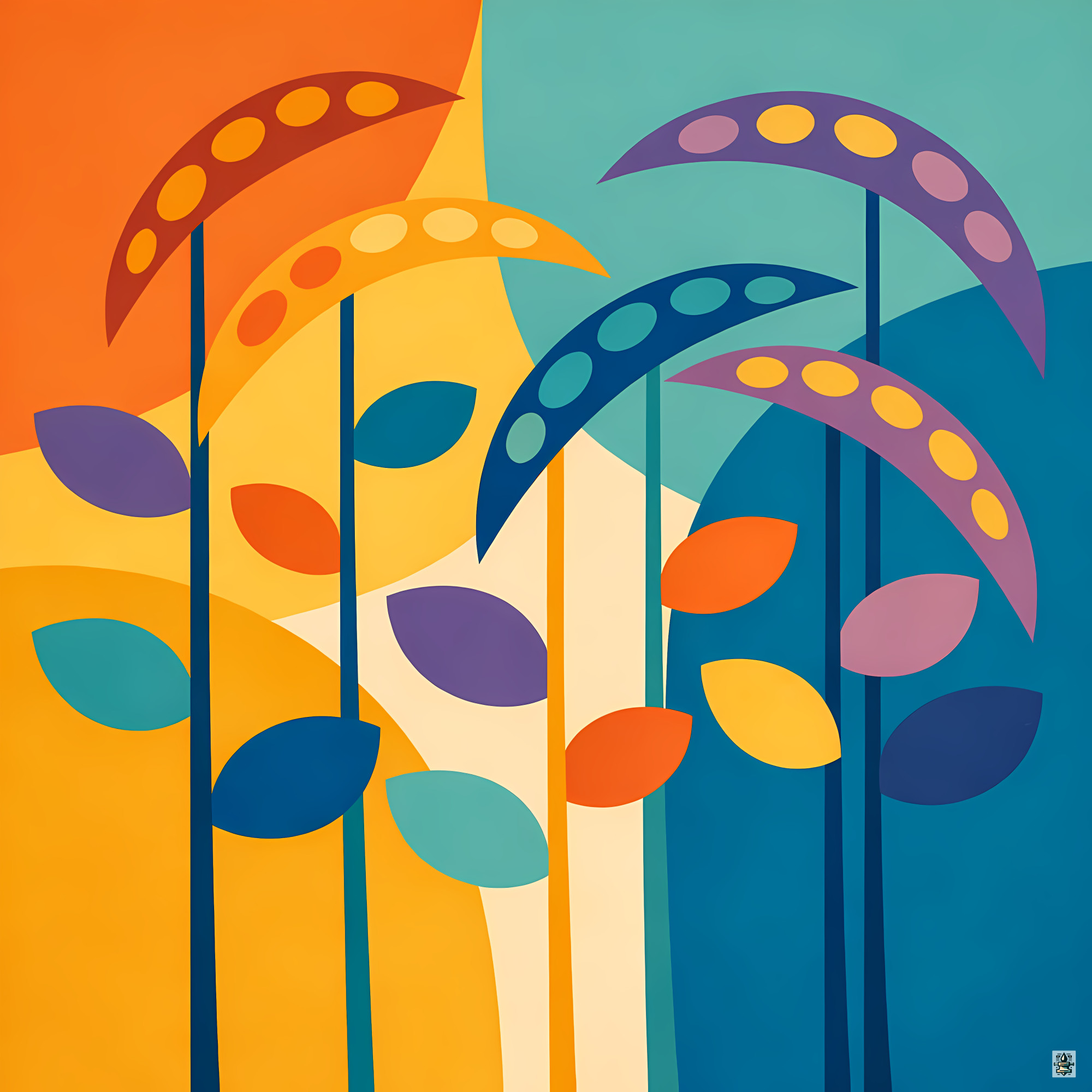 Geometric Botanical Stems with Colourful Leaves