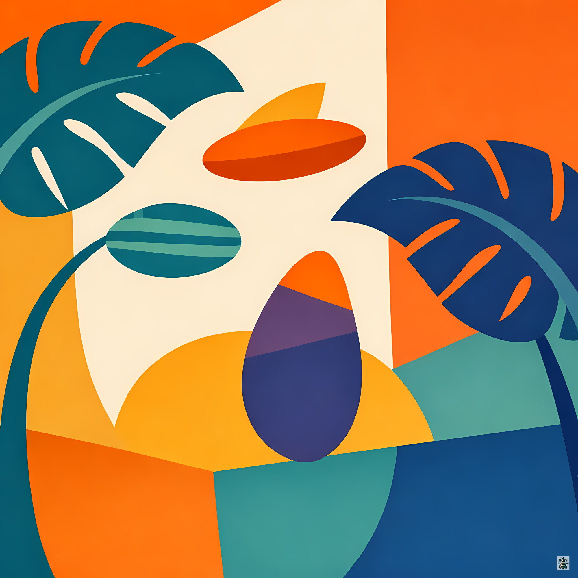 Abstract Monstera Leaves in Orange and Teal
