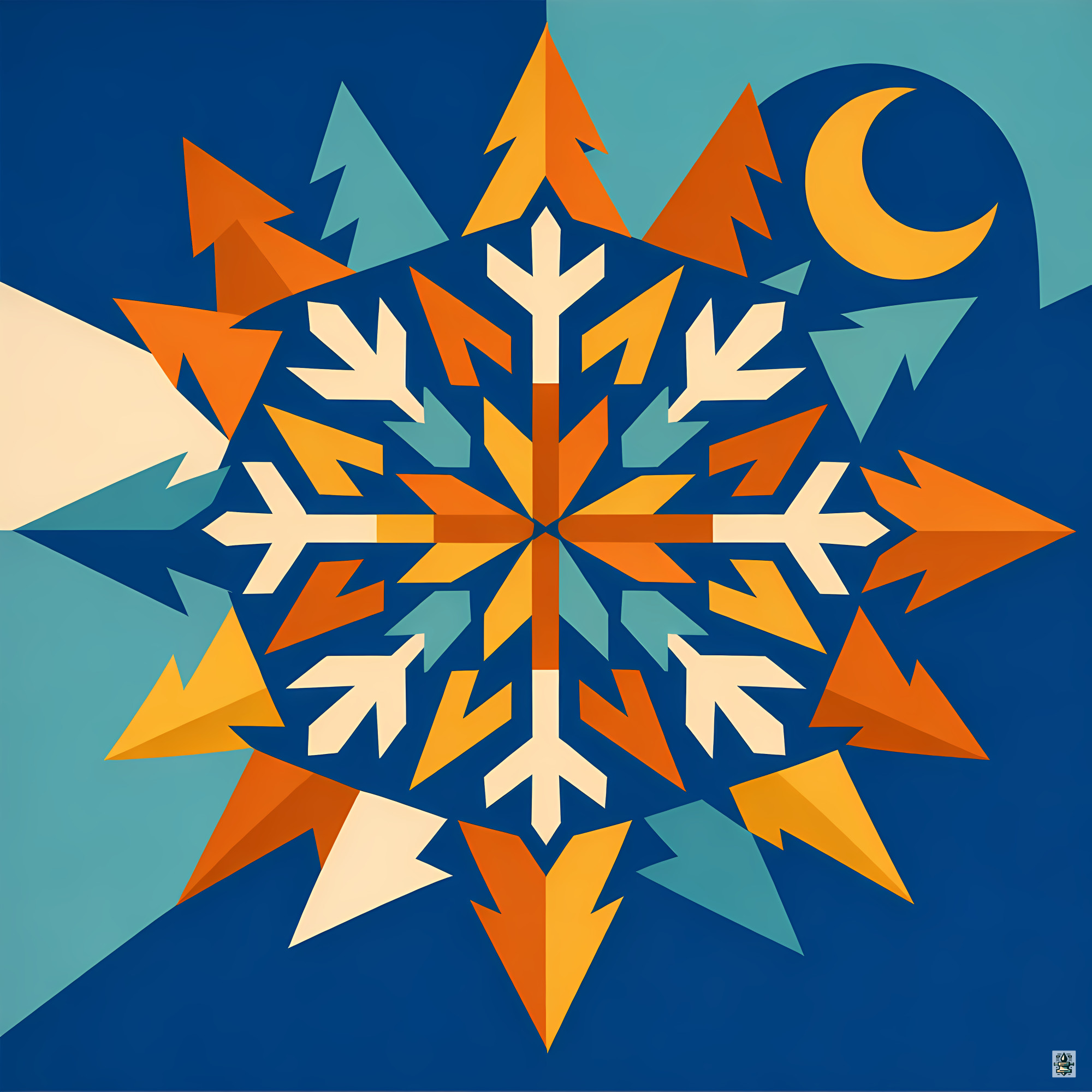 Geometric Snowflake with Pines and Crescent Moon