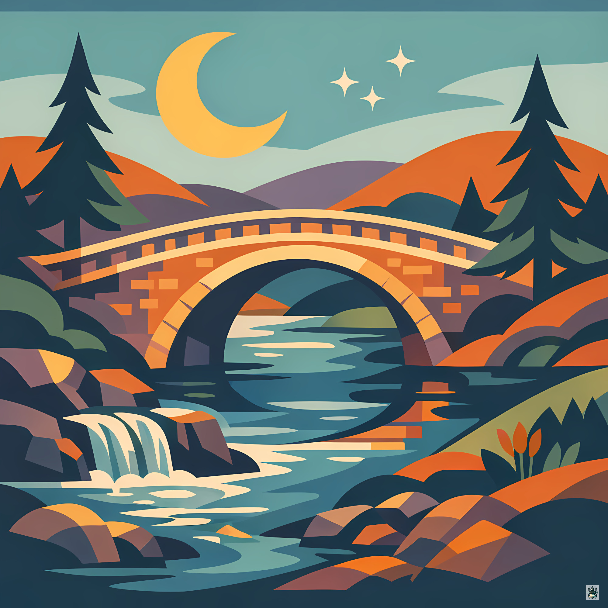 Moonlit Bridge Over a Geometric Forest River