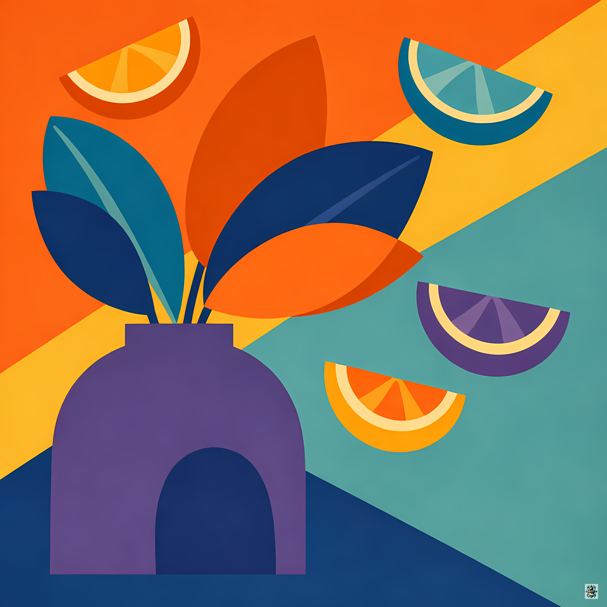 Colourful Vase with Leaves and Citrus Shapes