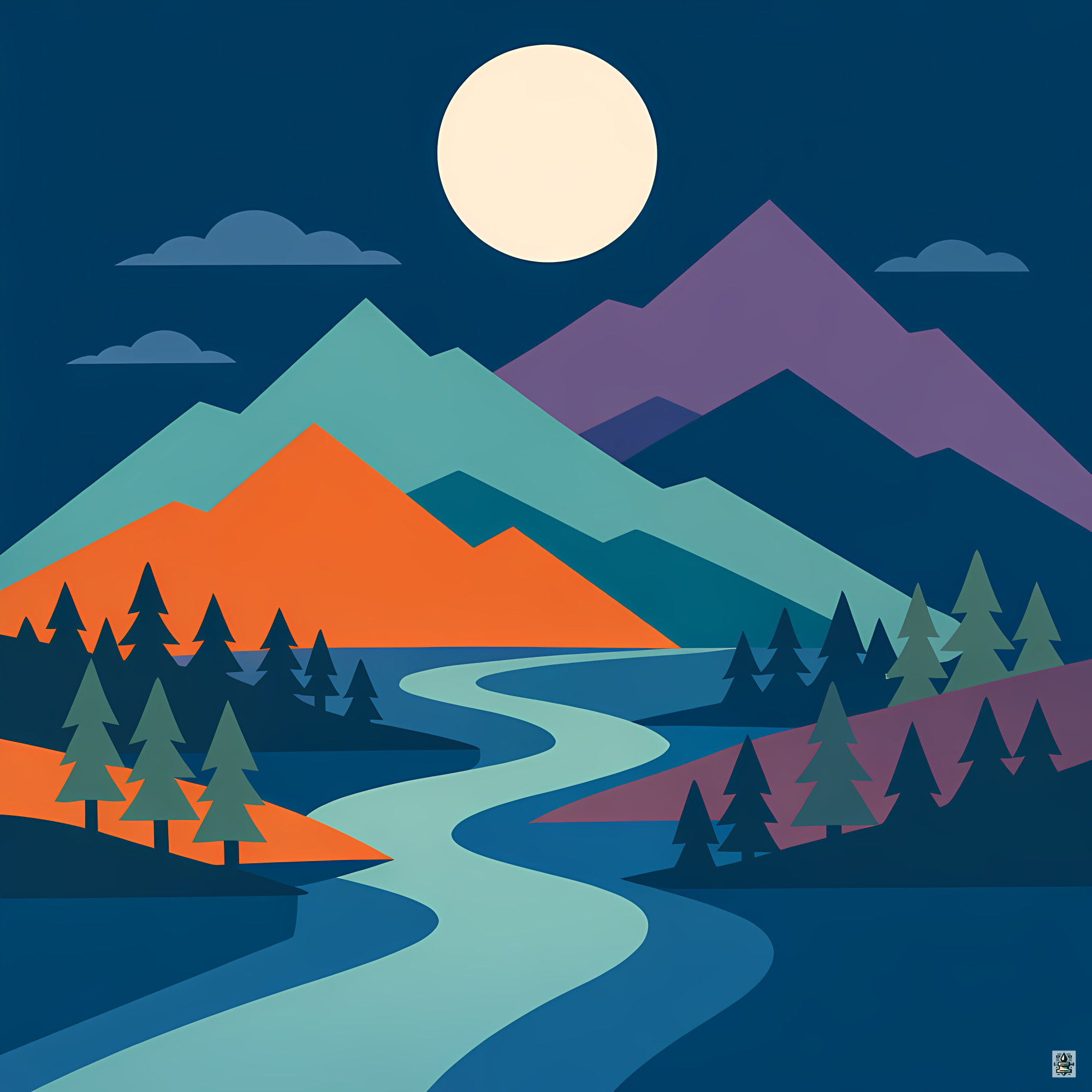 Geometric Moonlit Mountains and River
