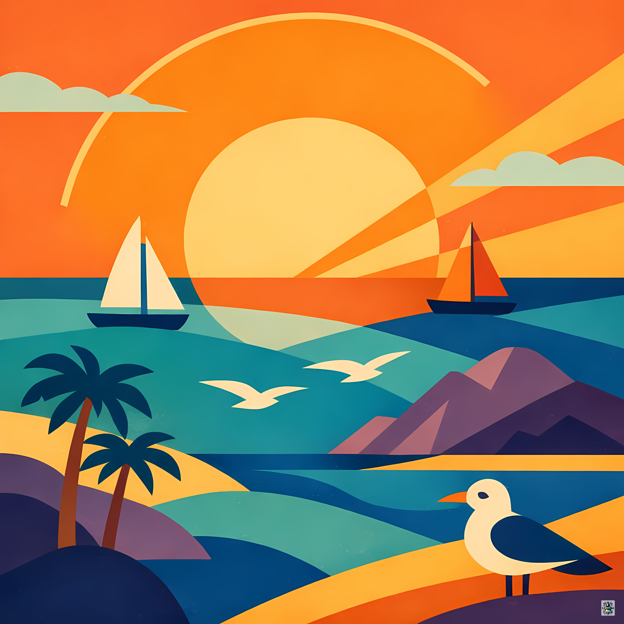 Geometric Coastal Sunset with Yachts and Palms