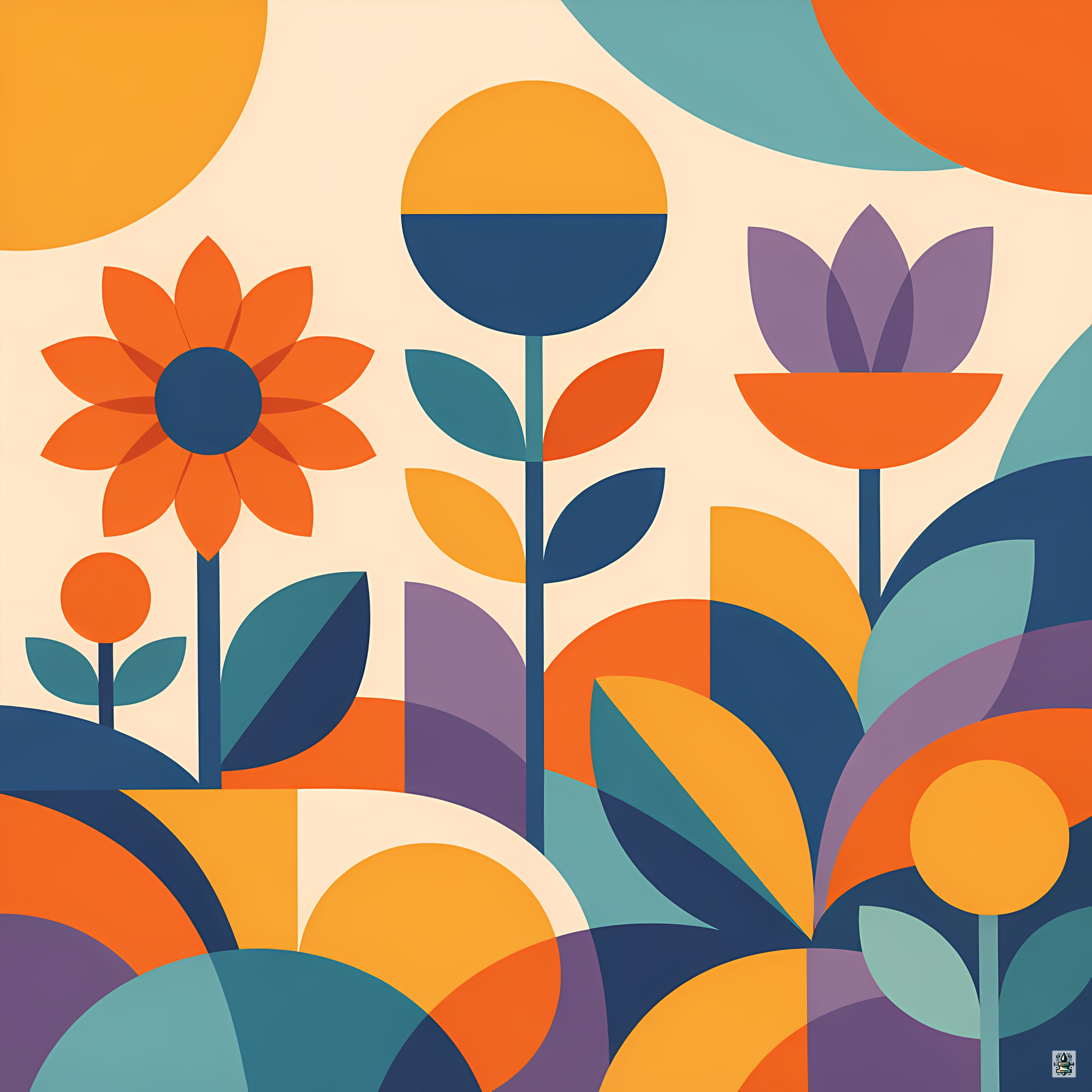 Geometric Botanical Flowers in Warm Retro Colours