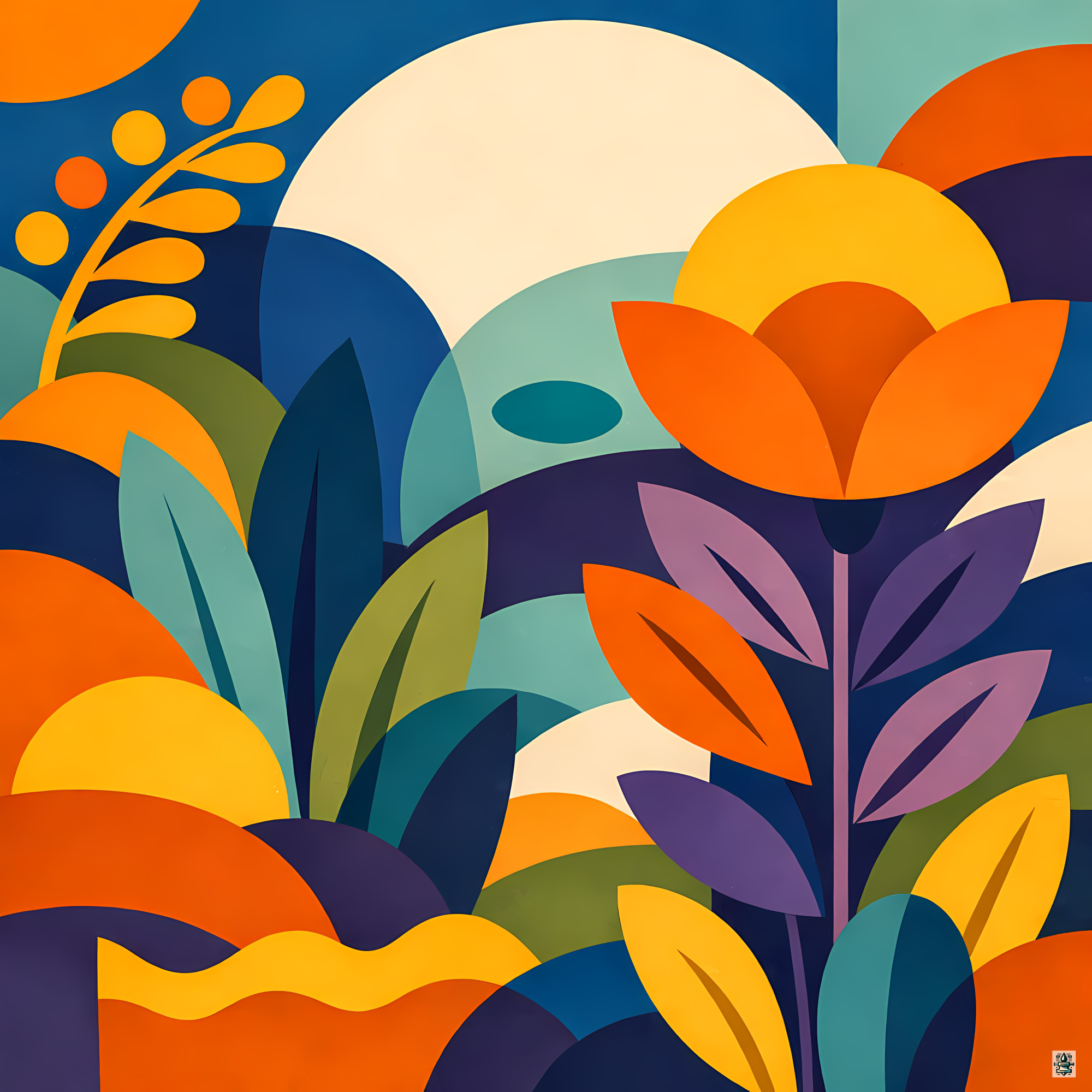 Bold Abstract Botanical Flower and Leaves
