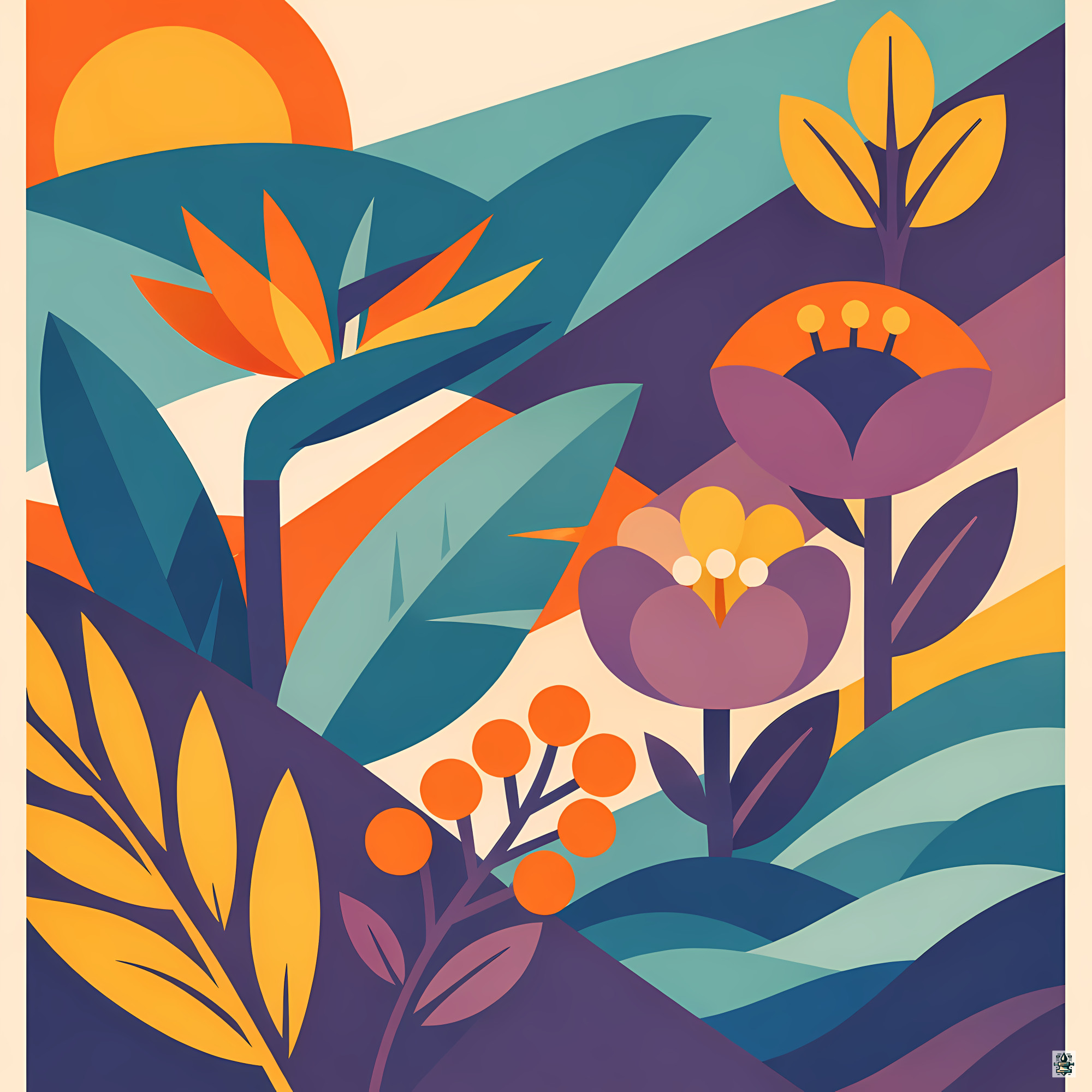 Abstract Botanical Garden with Geometric Leaves