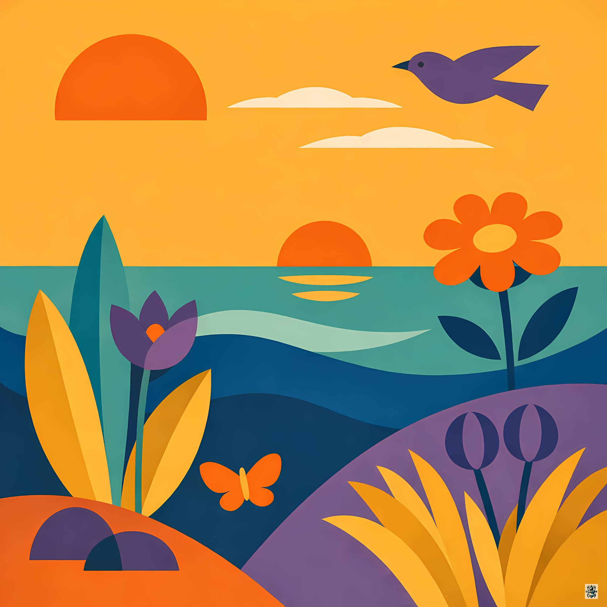 Geometric Botanical Seascape with Bird and Flowers