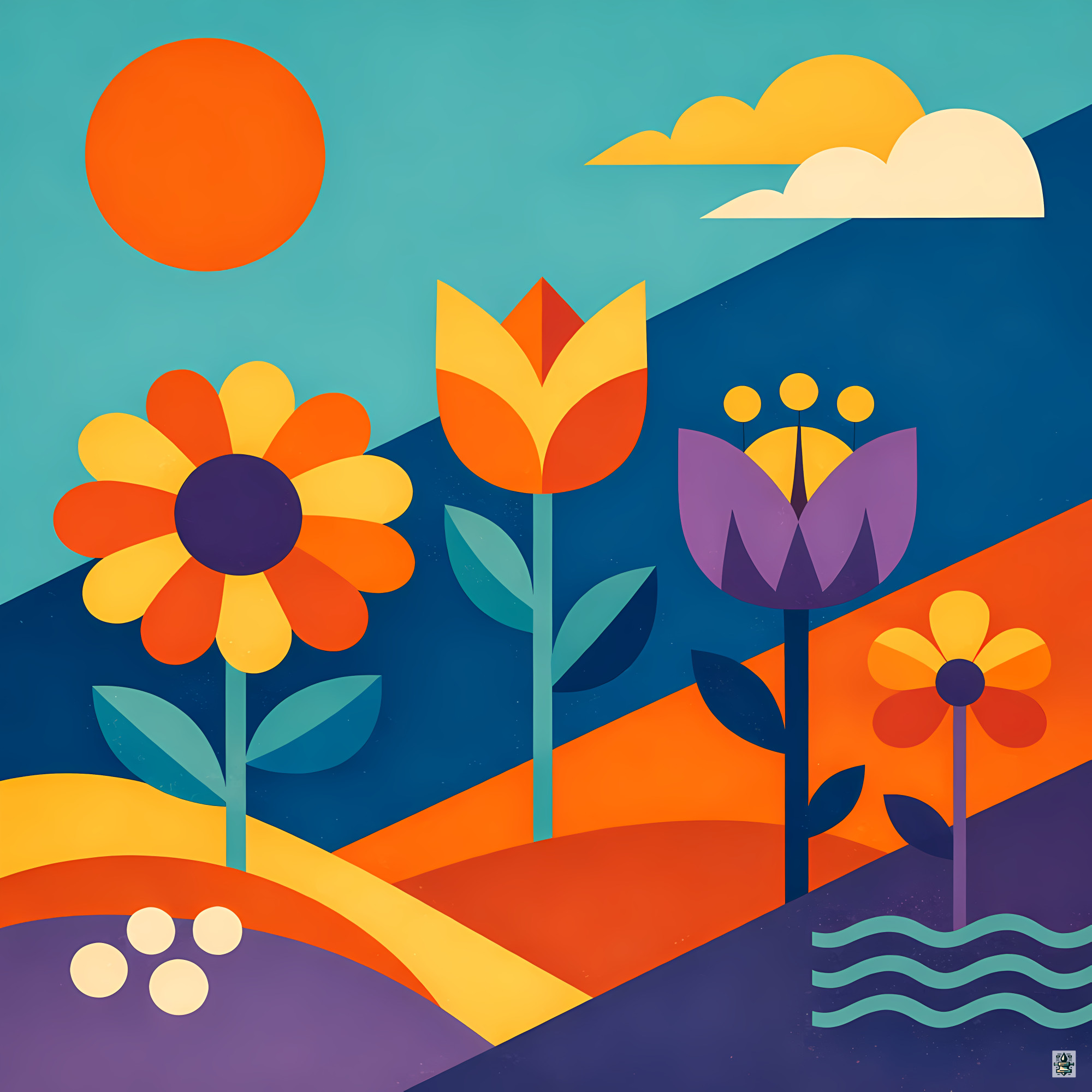 Geometric Flowers in a Colour Block Landscape