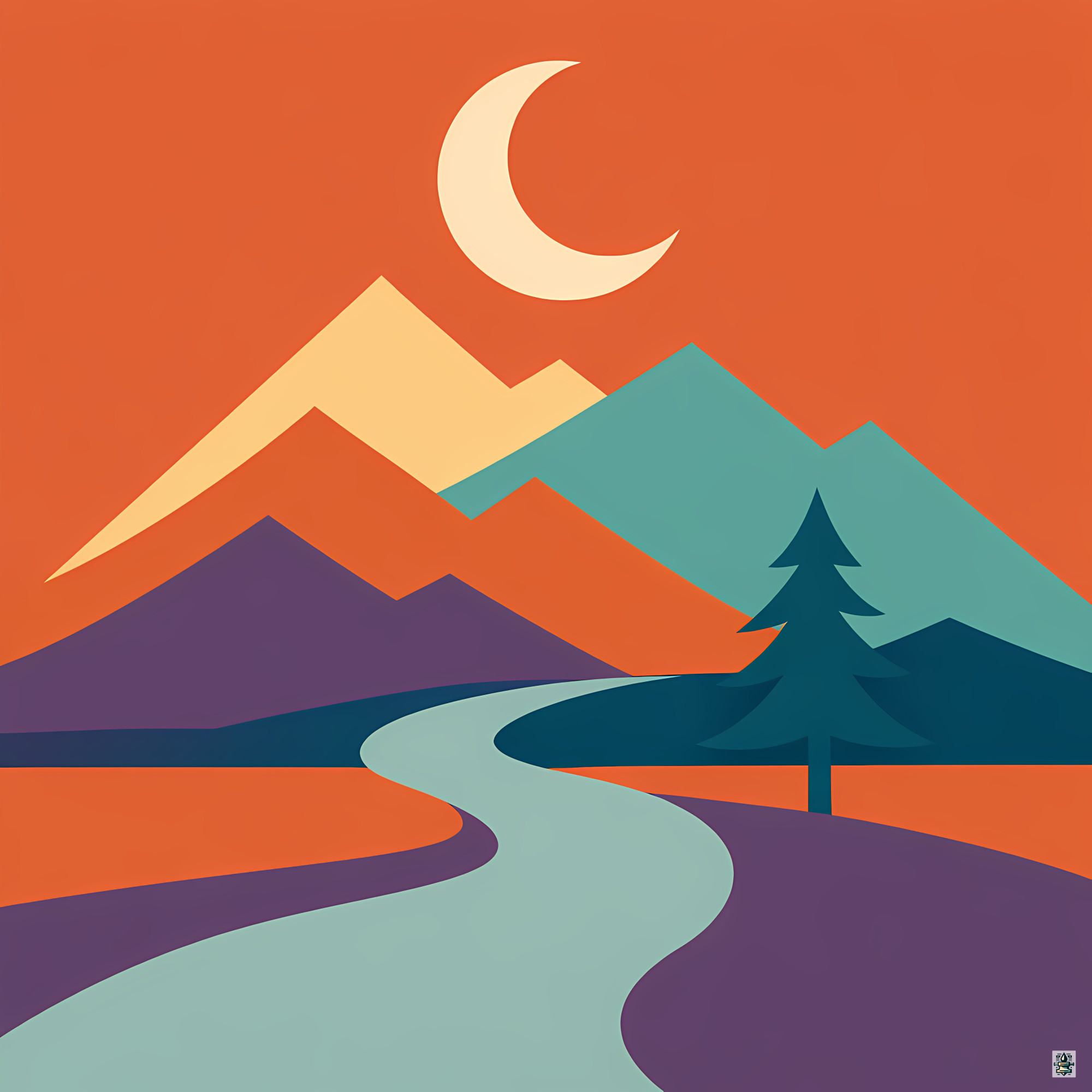 Crescent Moon Over Geometric Mountains