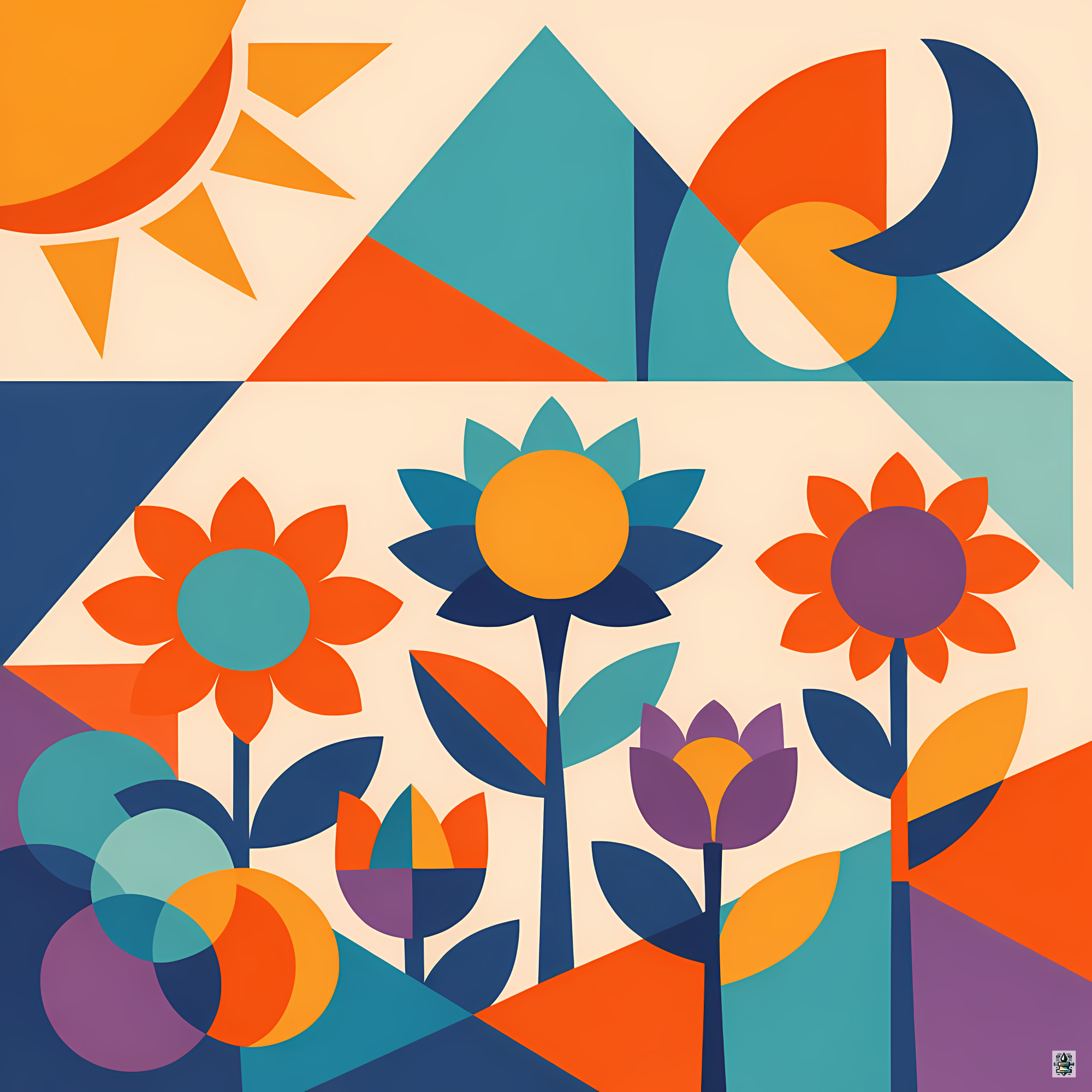 Geometric Flower Garden with Sun and Moon