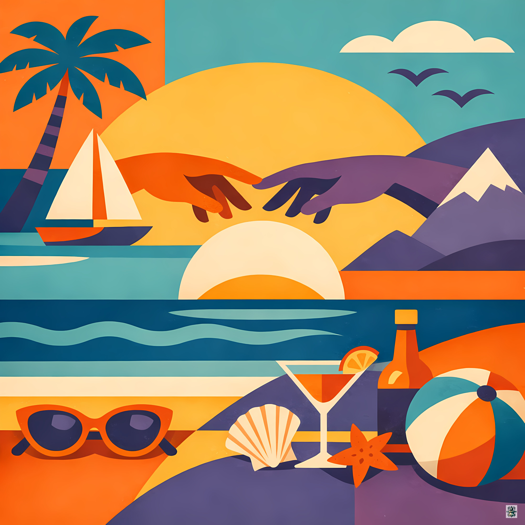 Tropical Beach Collage with Sunset Hands and Yacht