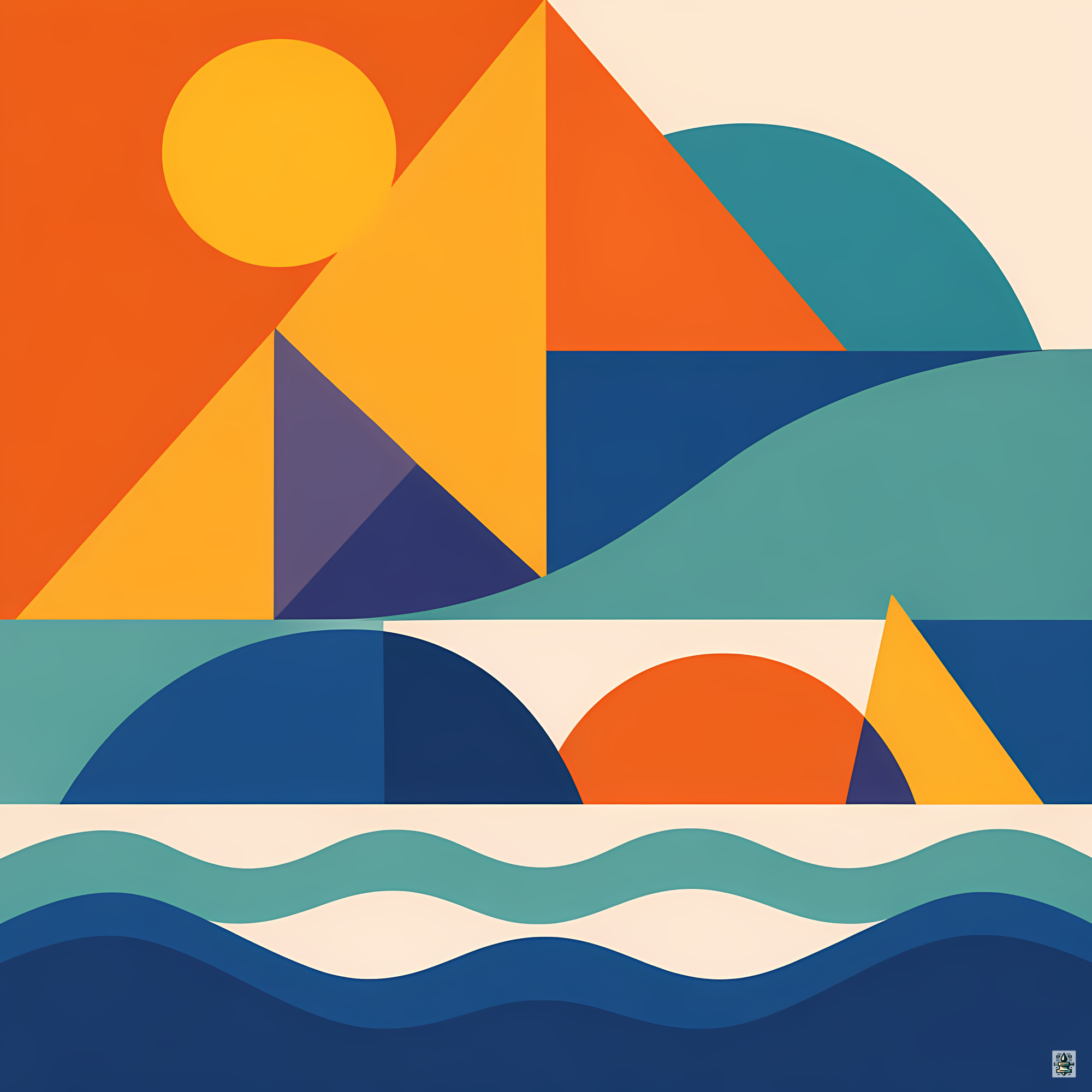 Geometric Coastal Landscape with Sun and Waves