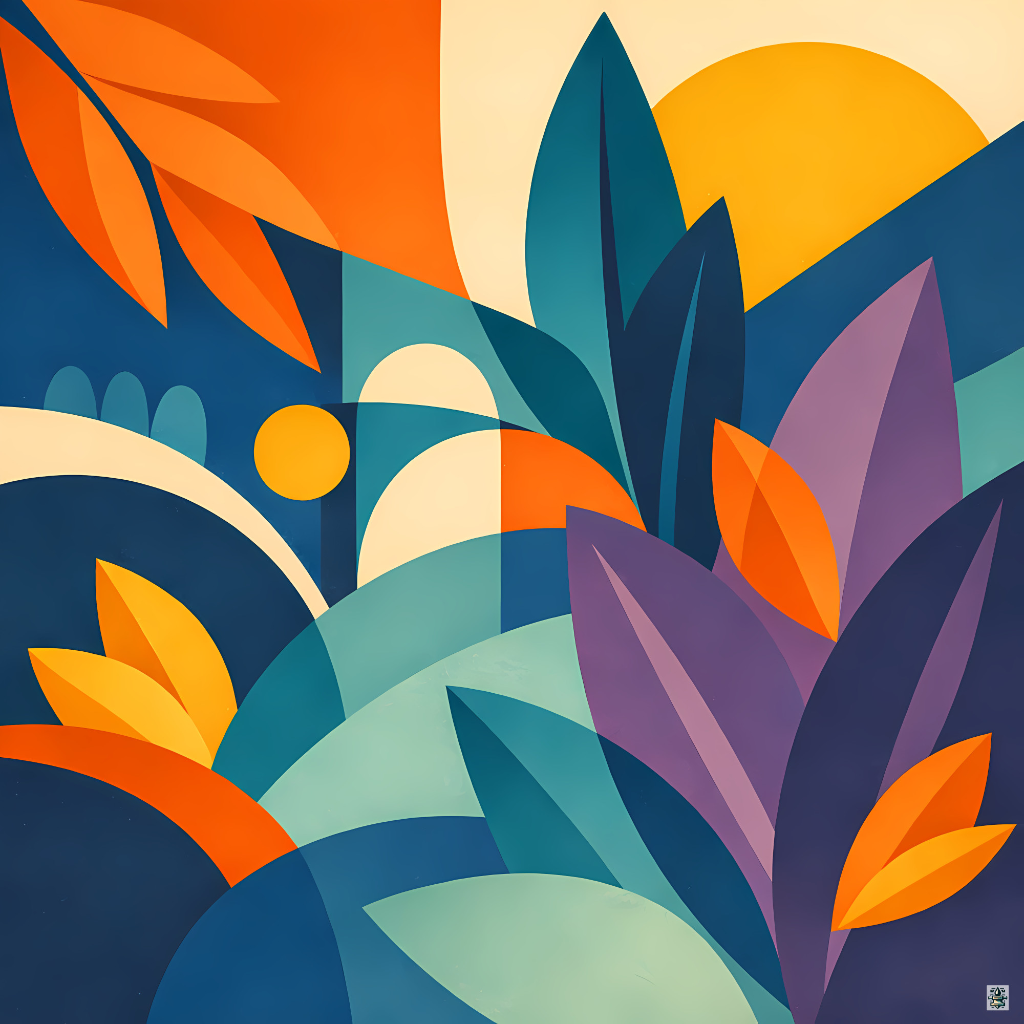Layered Abstract Botanical Leaves in Sunset Colours