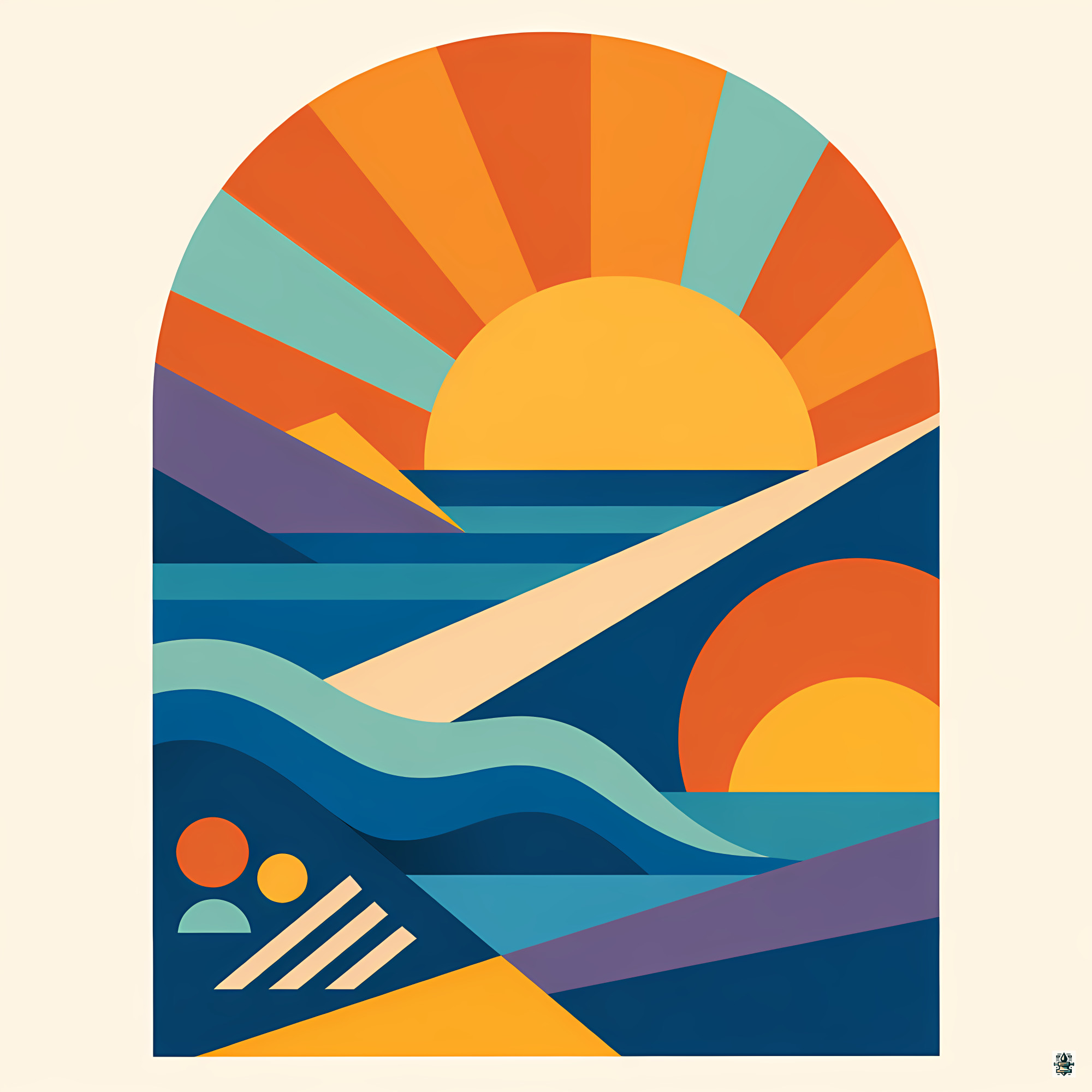 Geometric Sun Arch Seascape in Warm Retro Colours